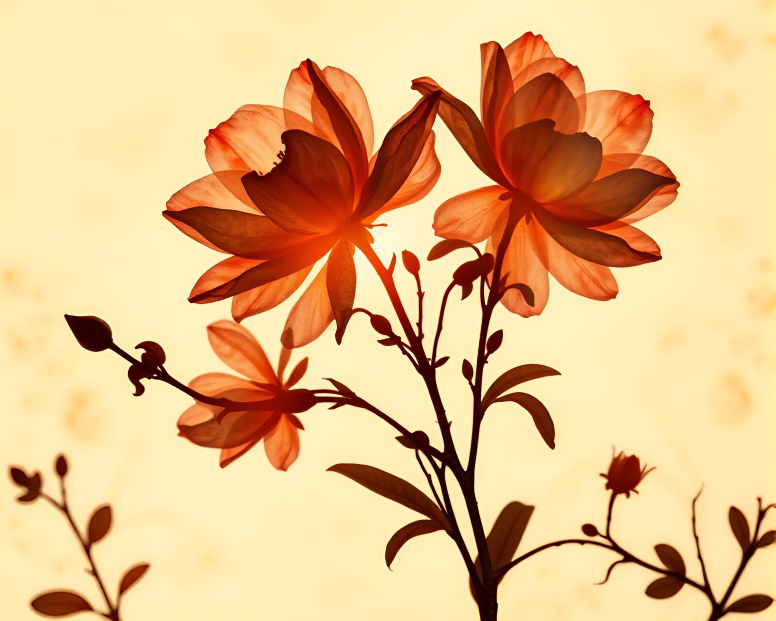 Silhouetted flowers on aged scroll in sepia tones