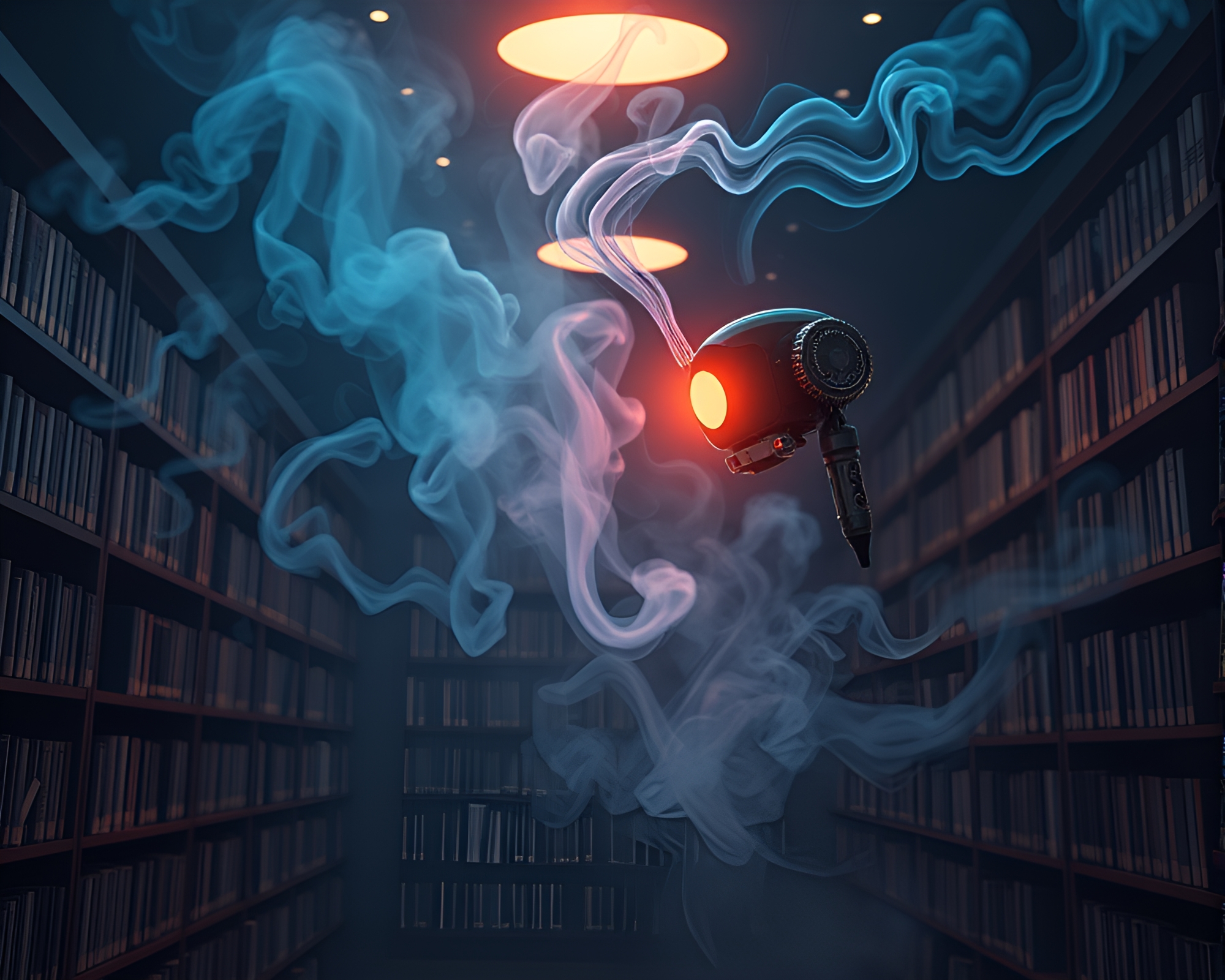 Nanobot Swarm Creates Intricate Smoke Ring Patterns in Medical Library – free AI stock image