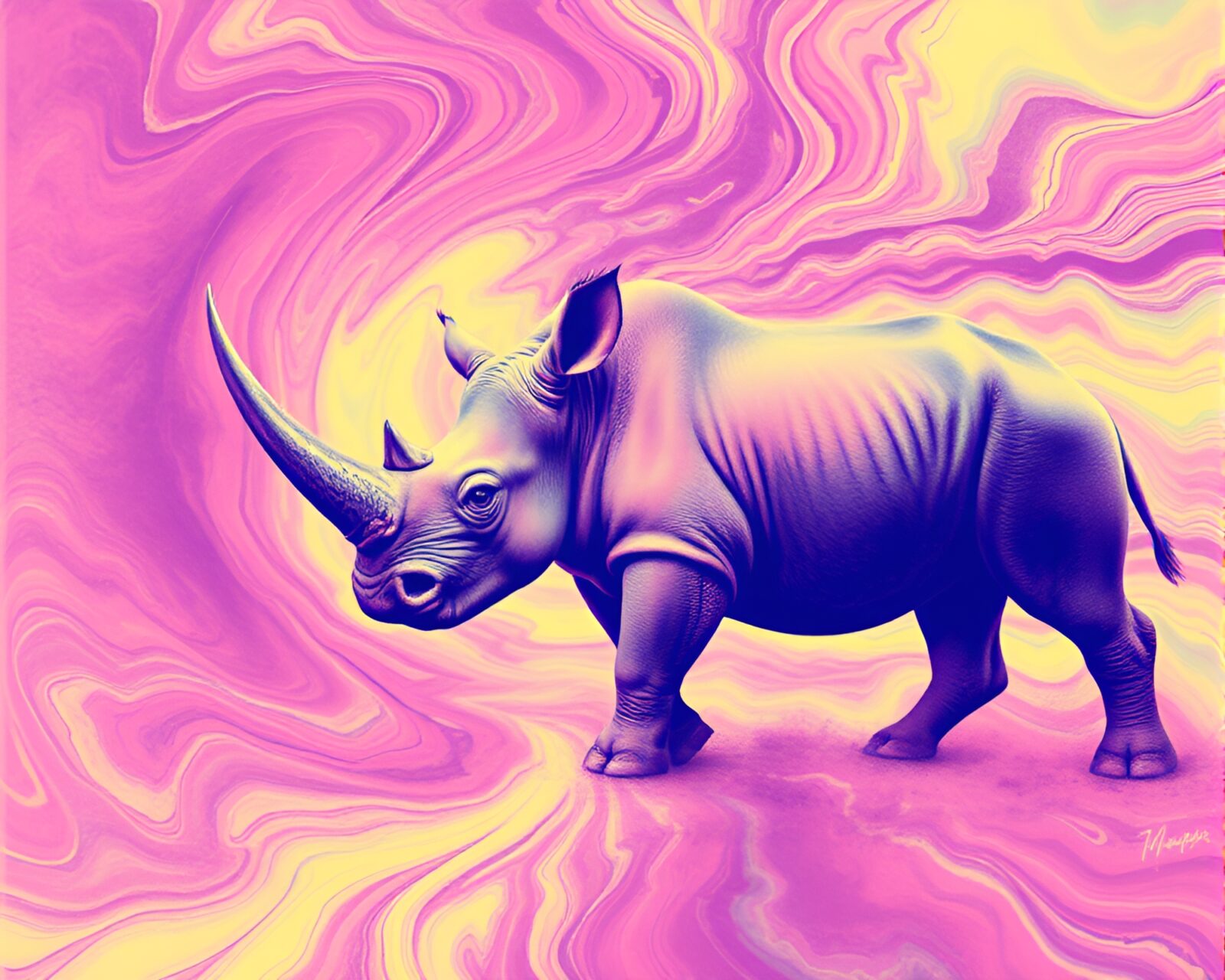 Blueprint-style scene with a rhinoceros and pastel tones vortex