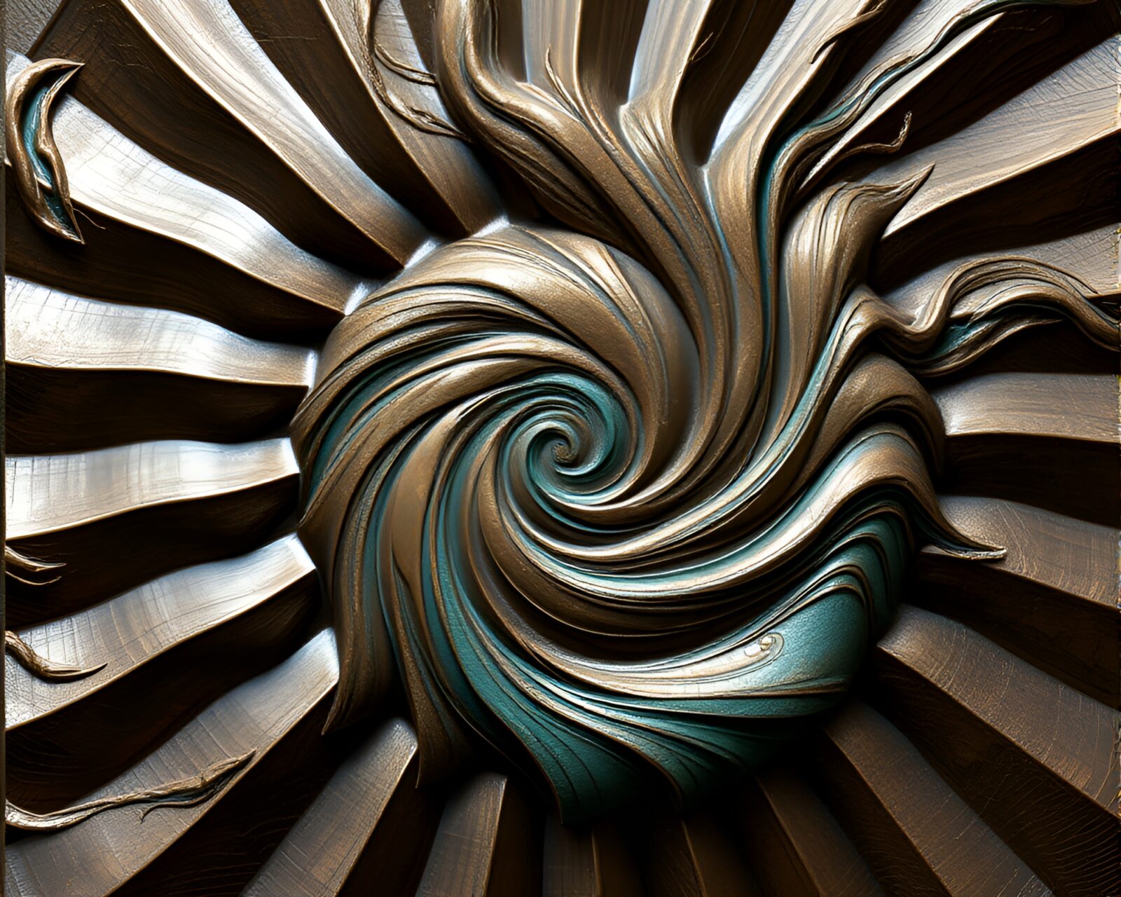 A swirling vortex of hand-painted fans with bronze sheen in 3D scan style