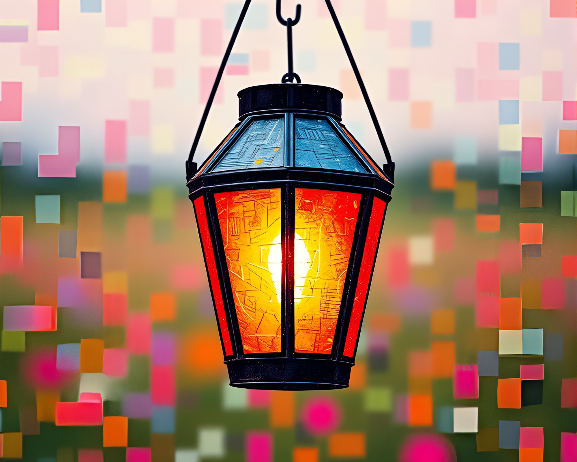 Stitched Pattern Lantern in VHS Distortion – free AI stock image