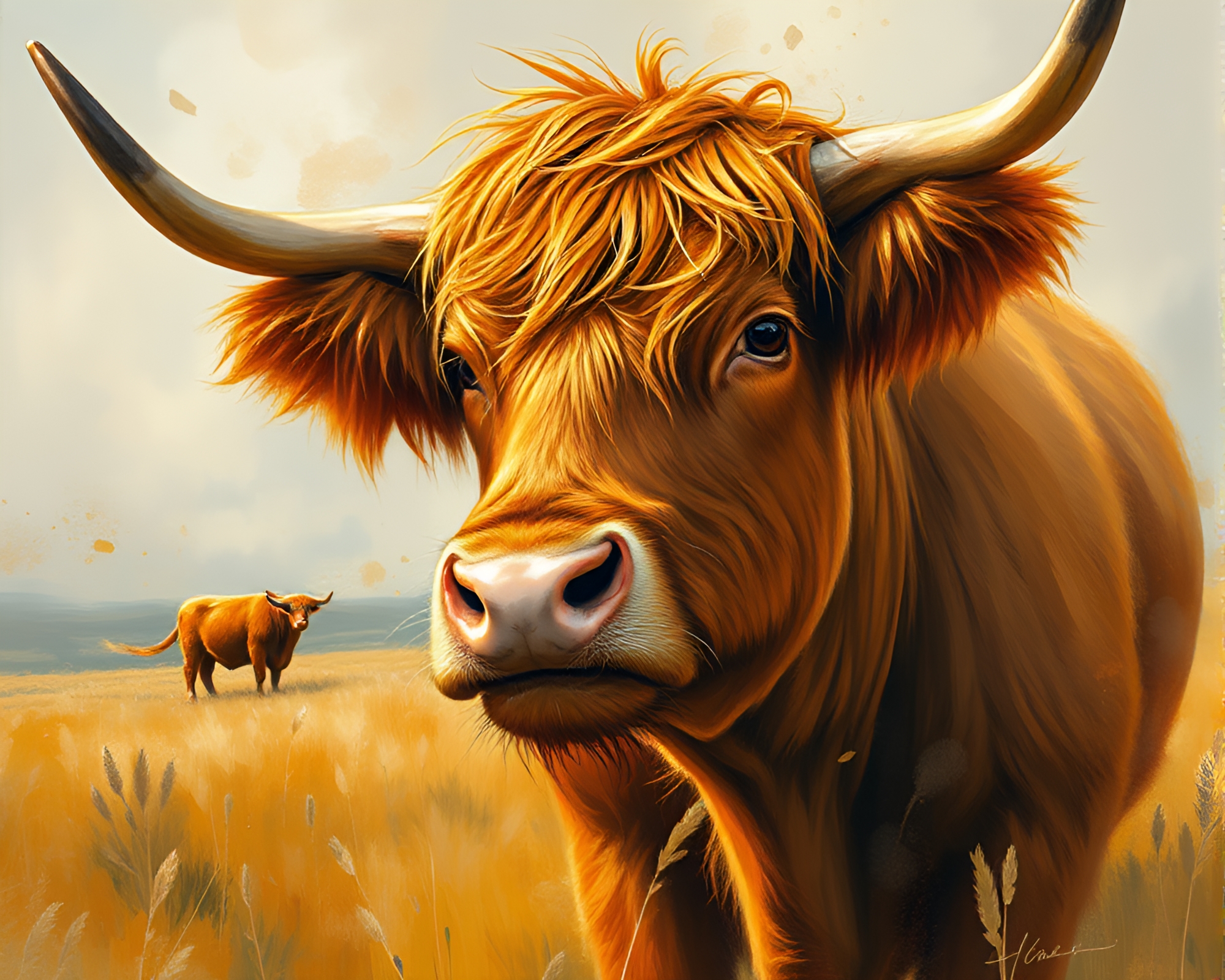 Dynamic Highland Cow in Action Painting Style – free AI stock image