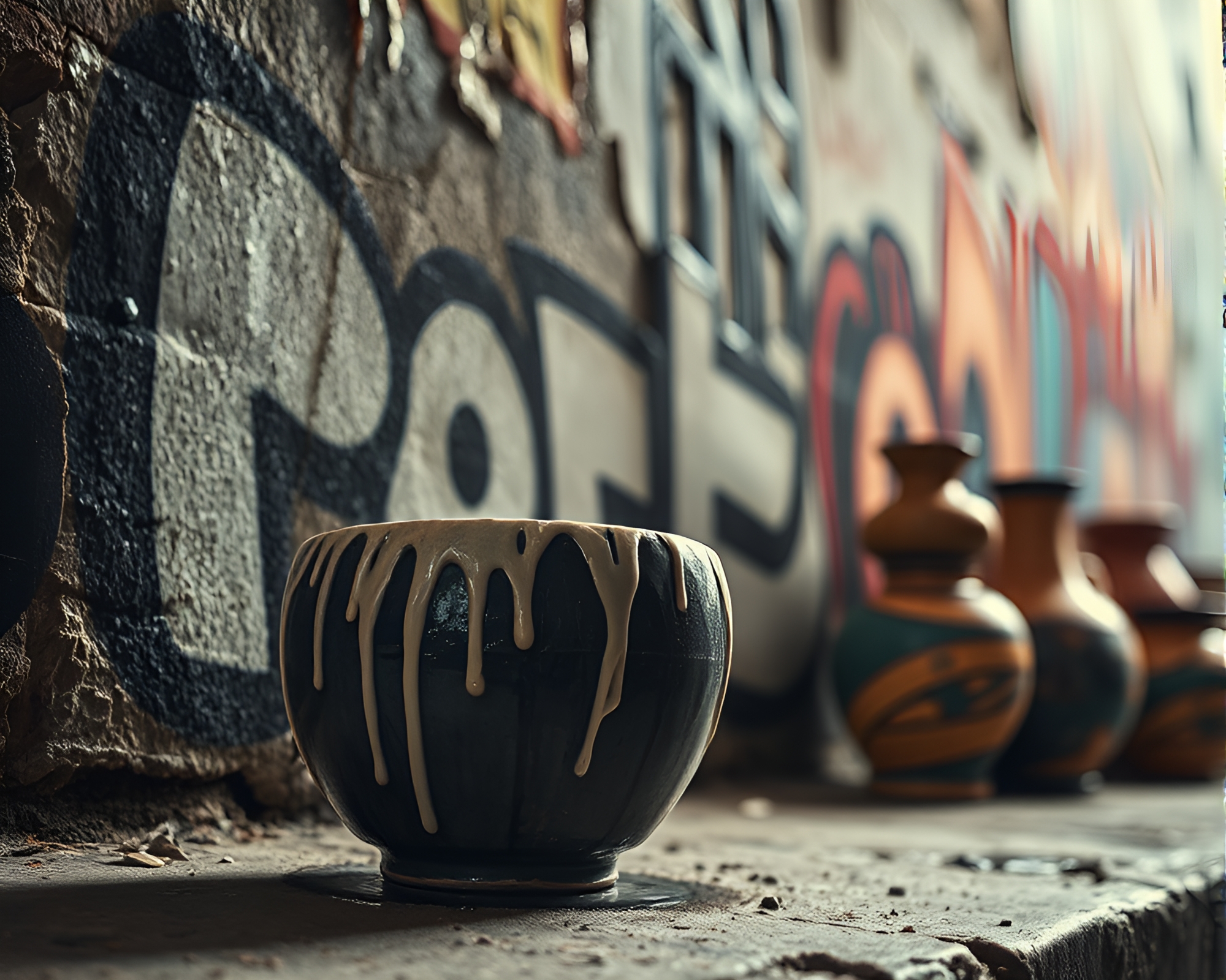 Graffiti Drips on Rustic Pottery in Bright Light – free AI stock image
