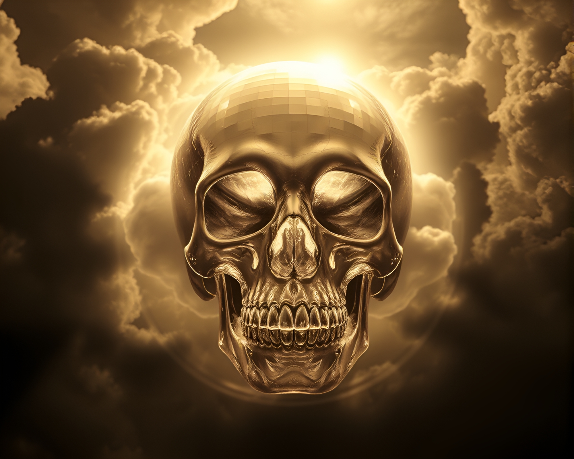 Sepia-Toned Crystal Skull Disco Ball Cloud Formation – free AI stock image