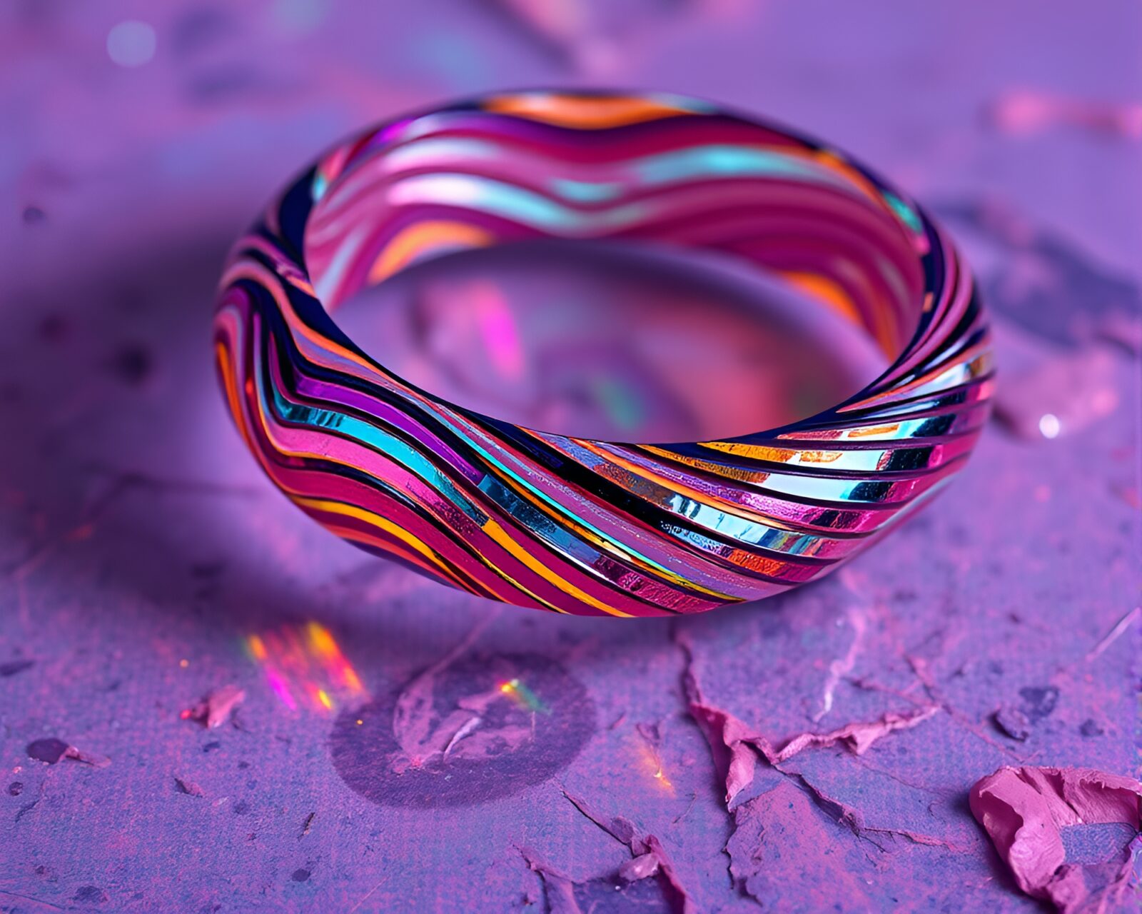 Colorful surreal bracelet surrounded by textured impasto ridges