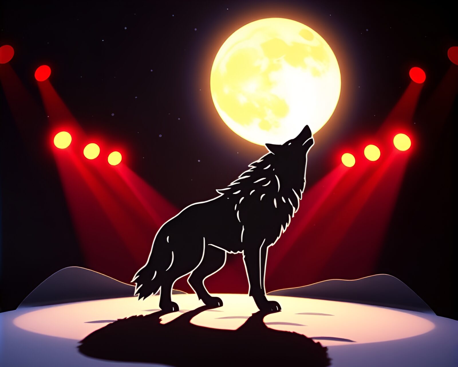 Moonlit wolf howling on stage with colorful lights
