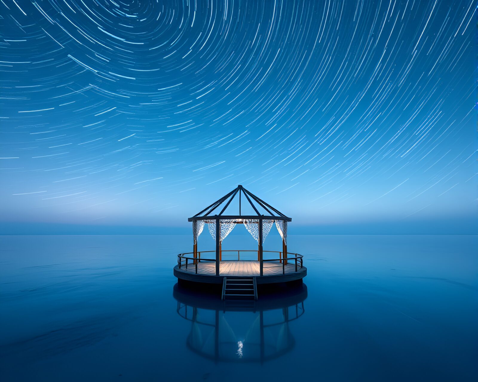 Procedural texture star trails above icy pavilion in space