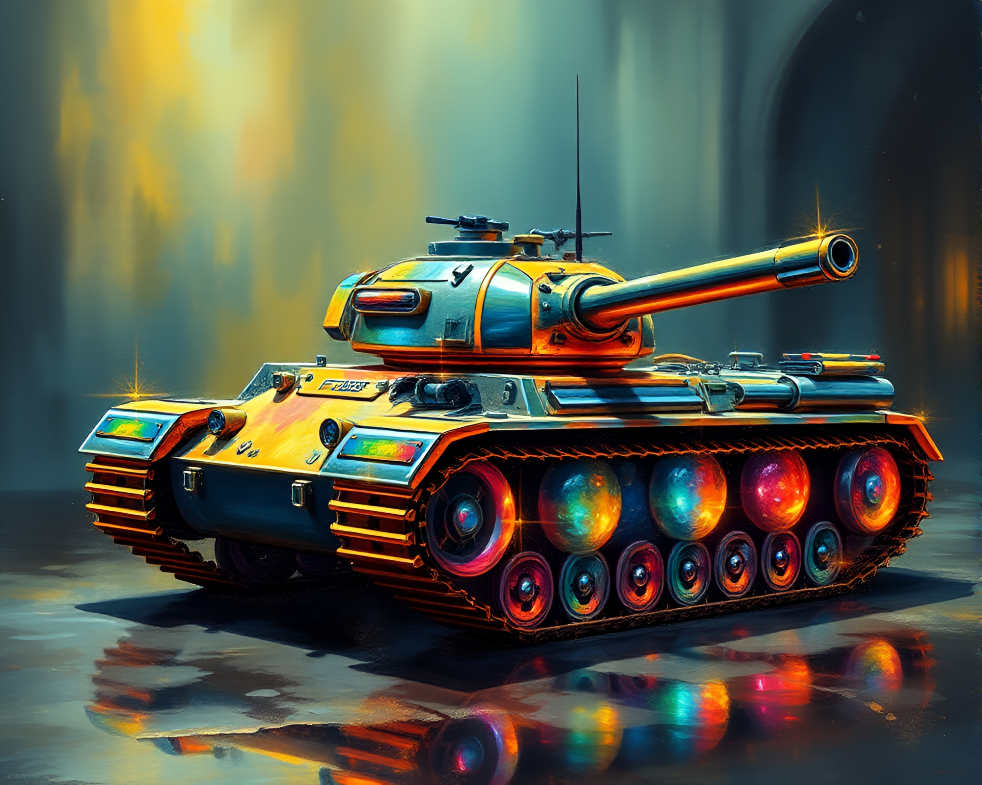 Iridescent tank in antique library light – free AI stock image