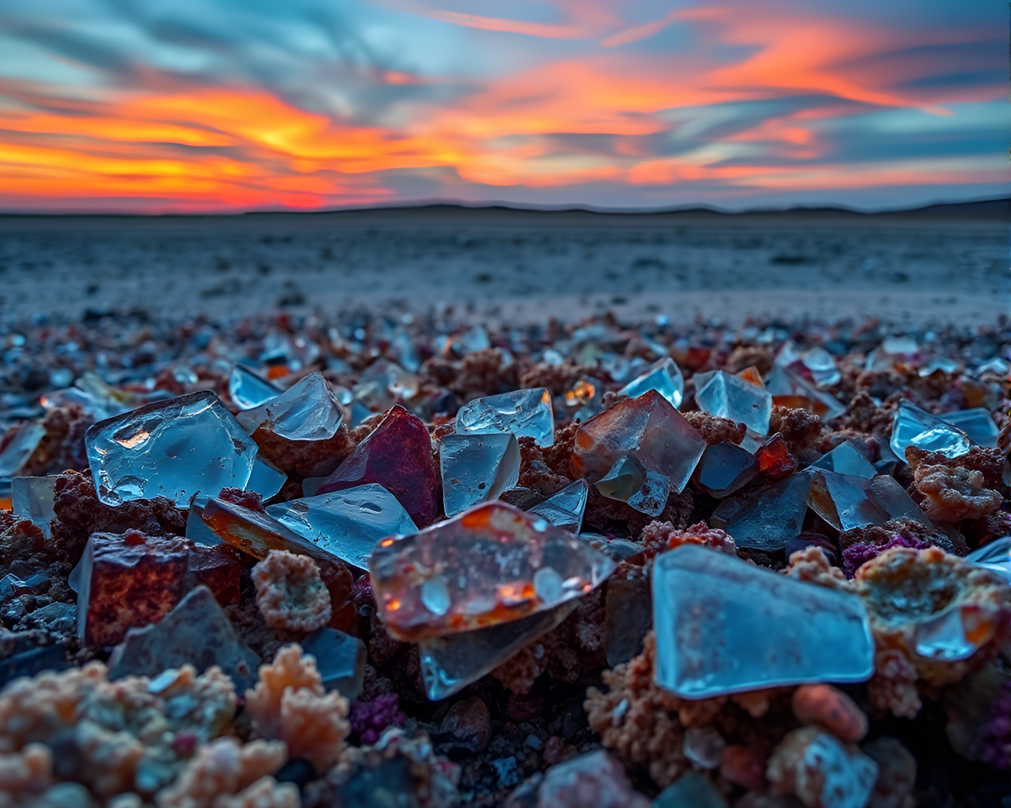Sunset Coral Reef Sprinkled with Glass Shards – free AI stock image