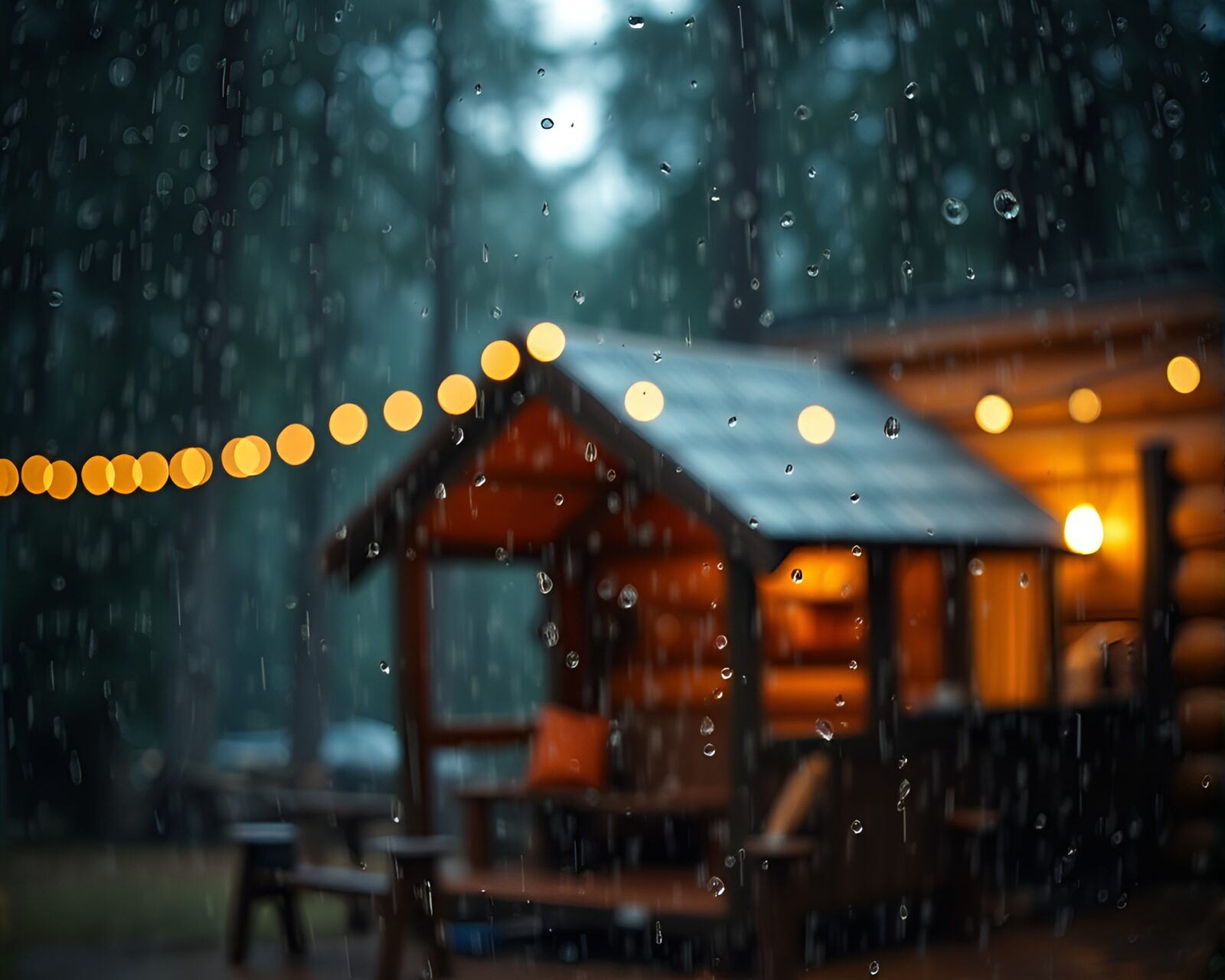 Impressionistic painting of rain-kissed cabin in soft glow