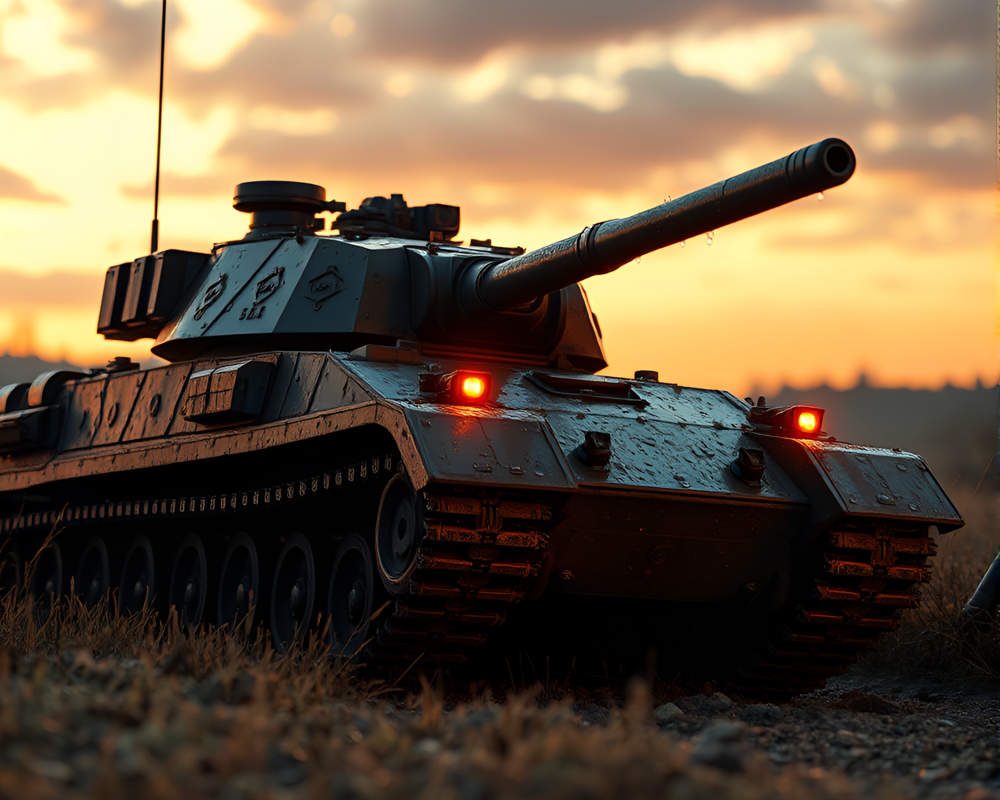 Dew-Kissed Armored Tank at Golden Dusk – free AI stock image