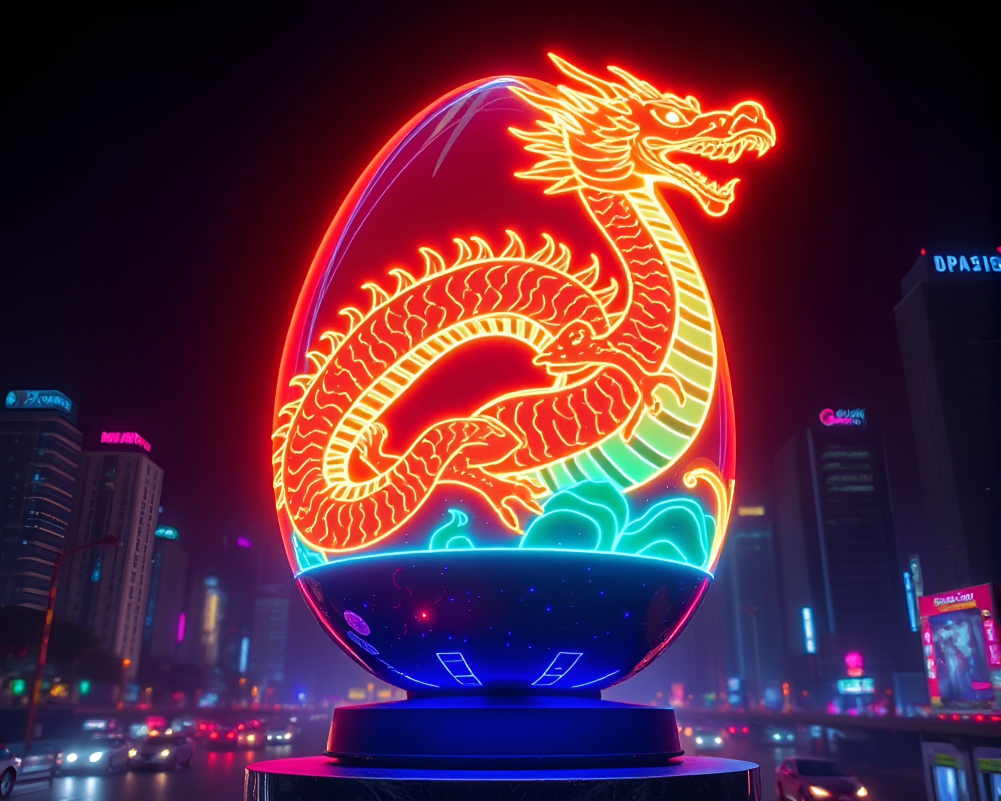 Neon Dragon Egg Amid LED City Lights – free AI stock image