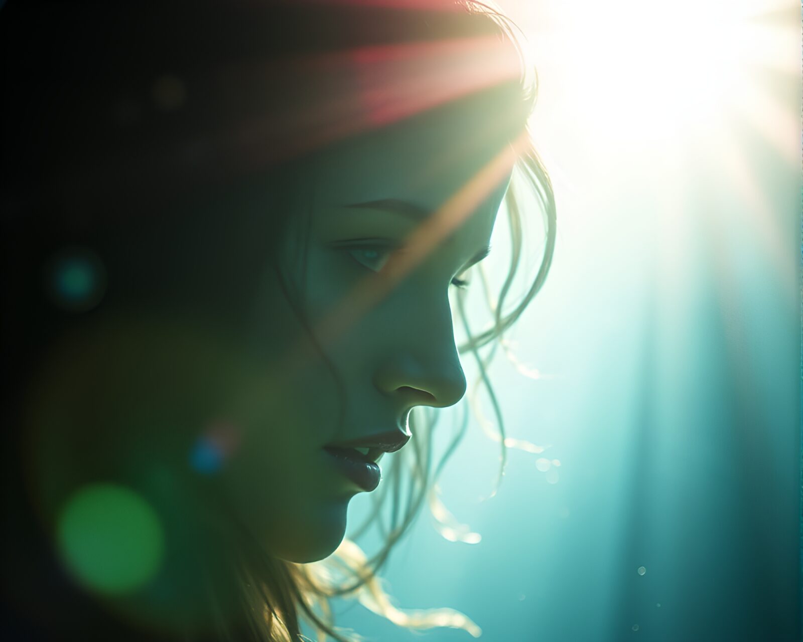 Vibrant image of a mystical siren with lens flare overlays
