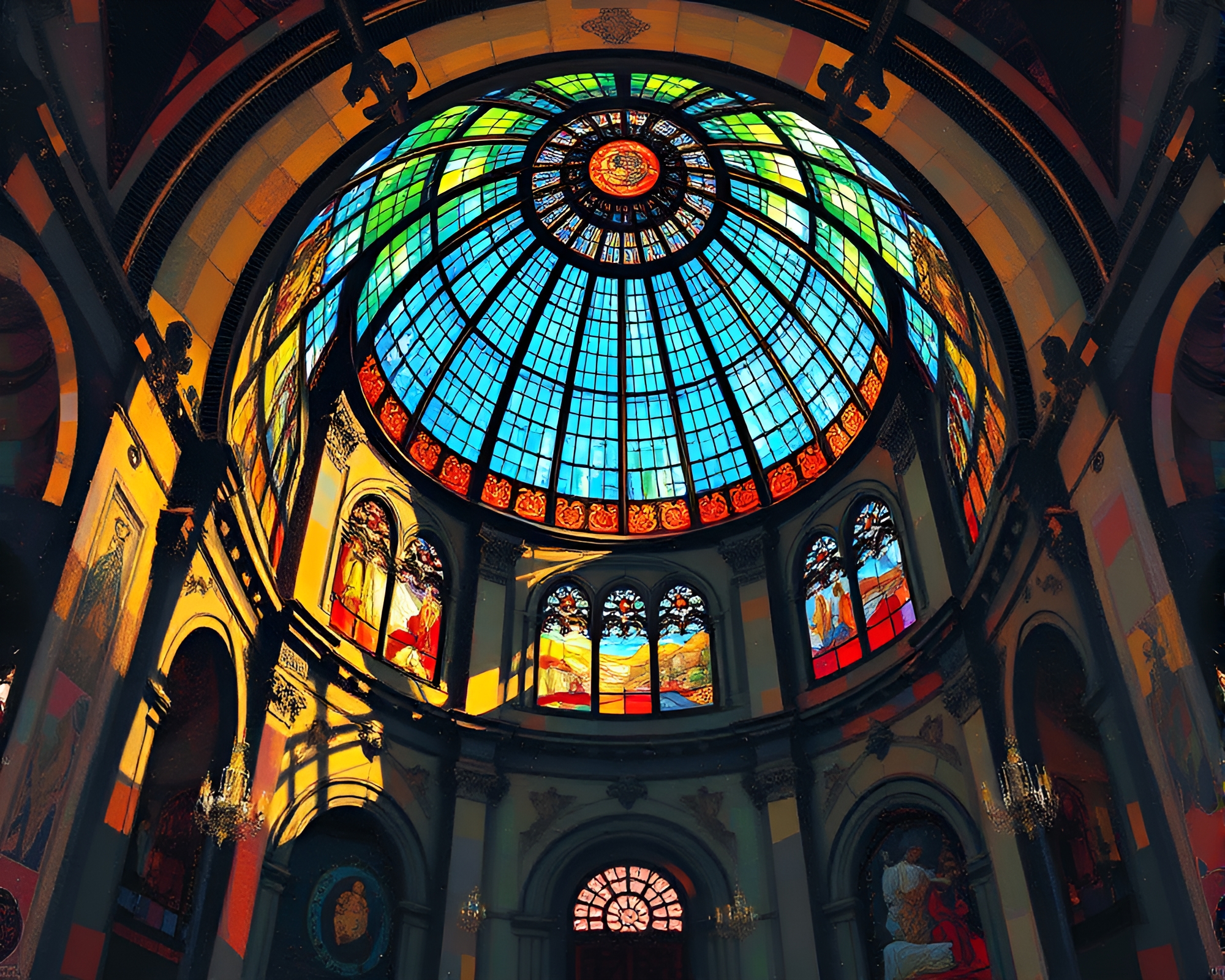 Stained Glass Dome Cathedral Palette Knife Painting – free AI stock image