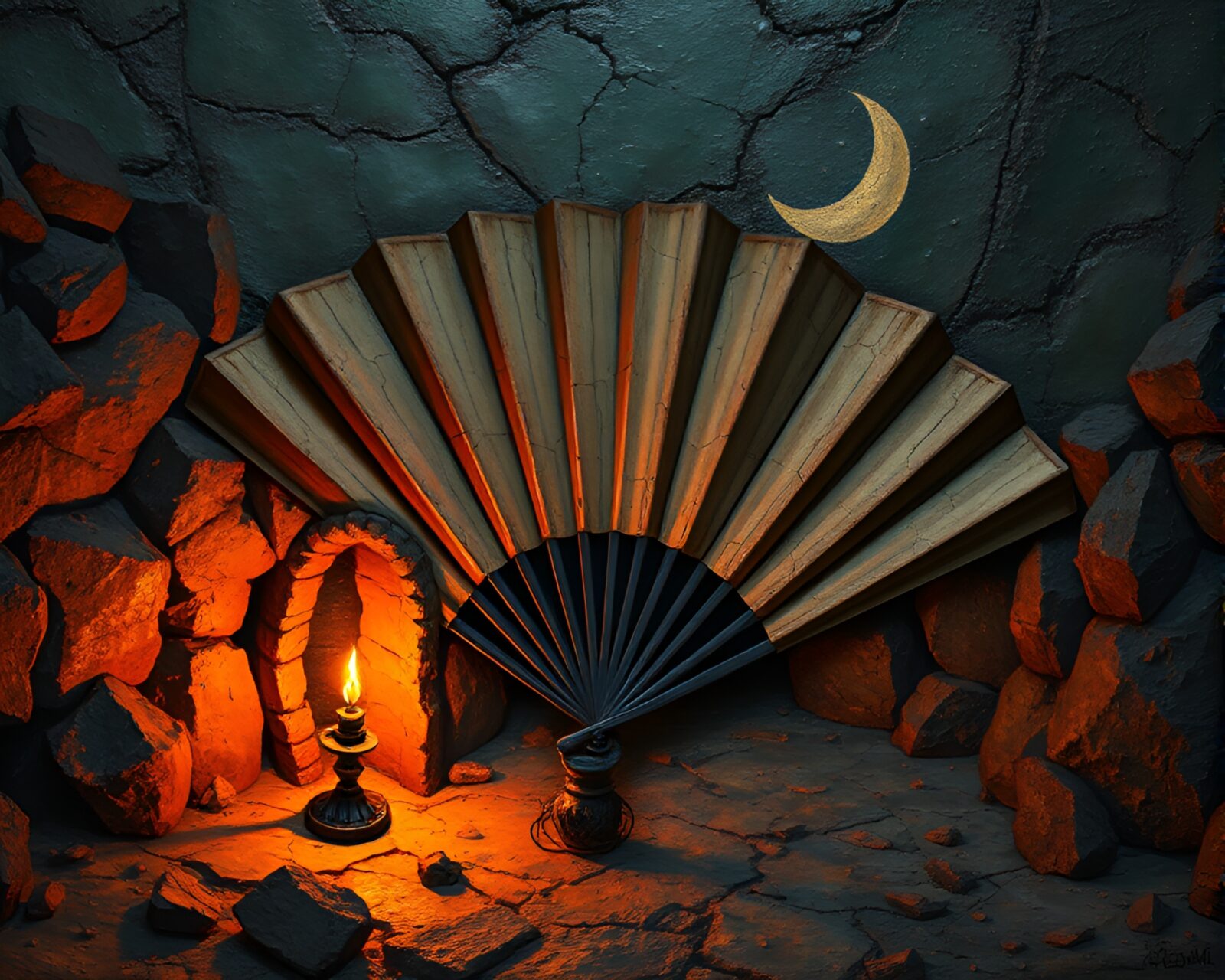 Grunge style image of a hand-painted fan on cracked earth in eerie torchlight