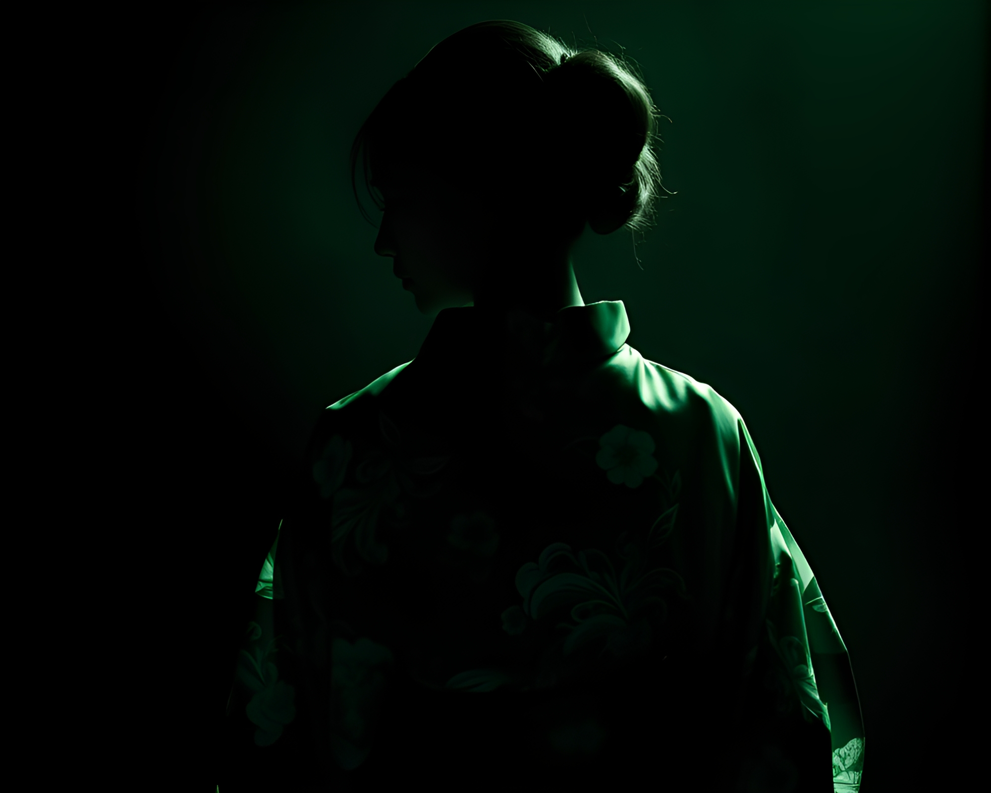 Surreal Double Exposure: Silk Kimono Monochrome Green – free AI stock image
