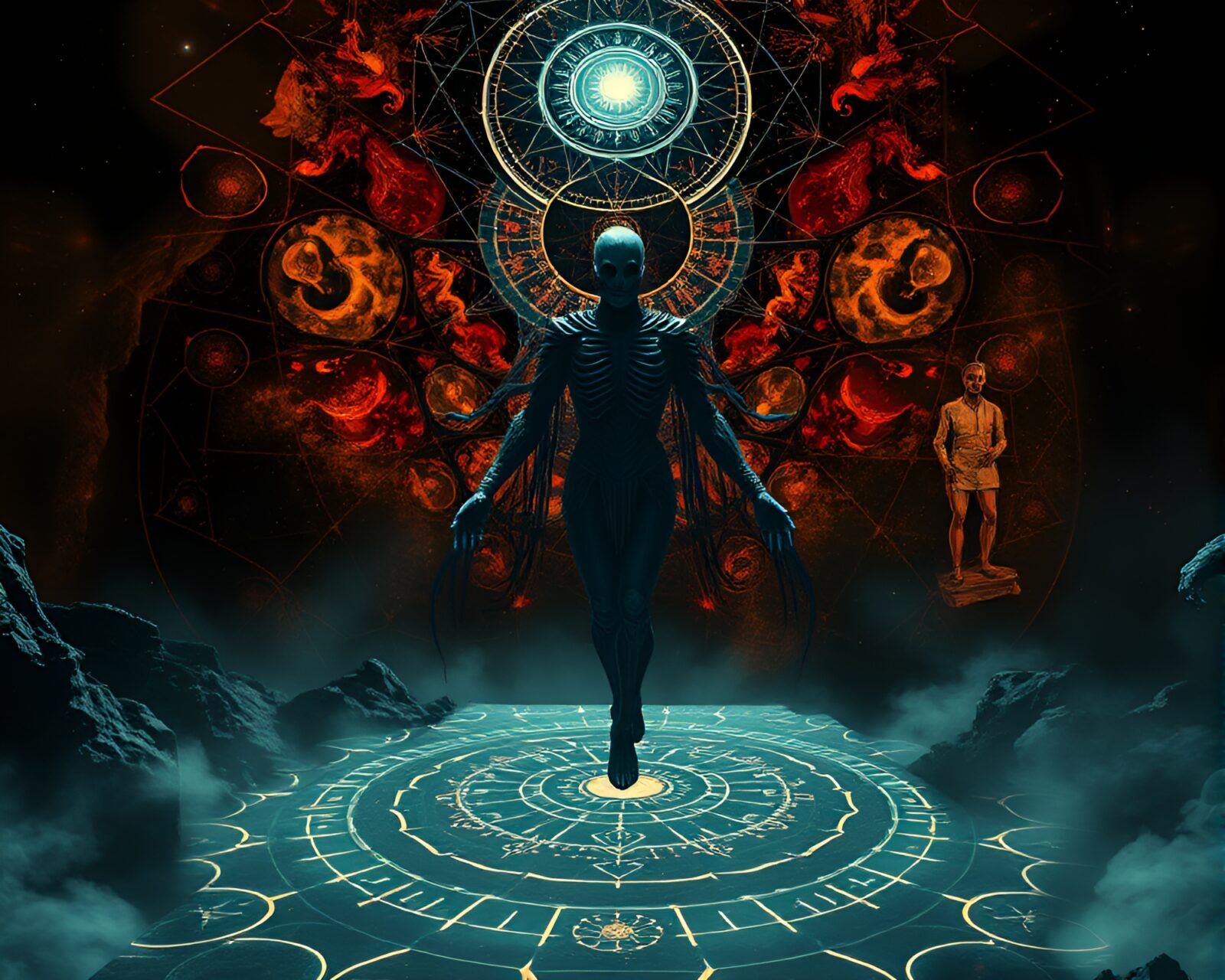 Dark, mystical astral projection scene in graphic novel style