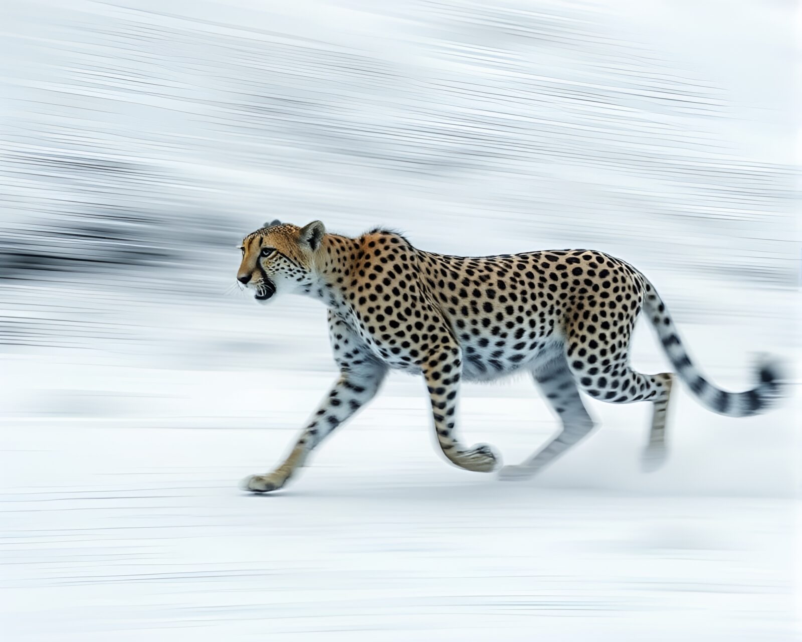 A photorealistic cheetah sprinting through snow in motion blur