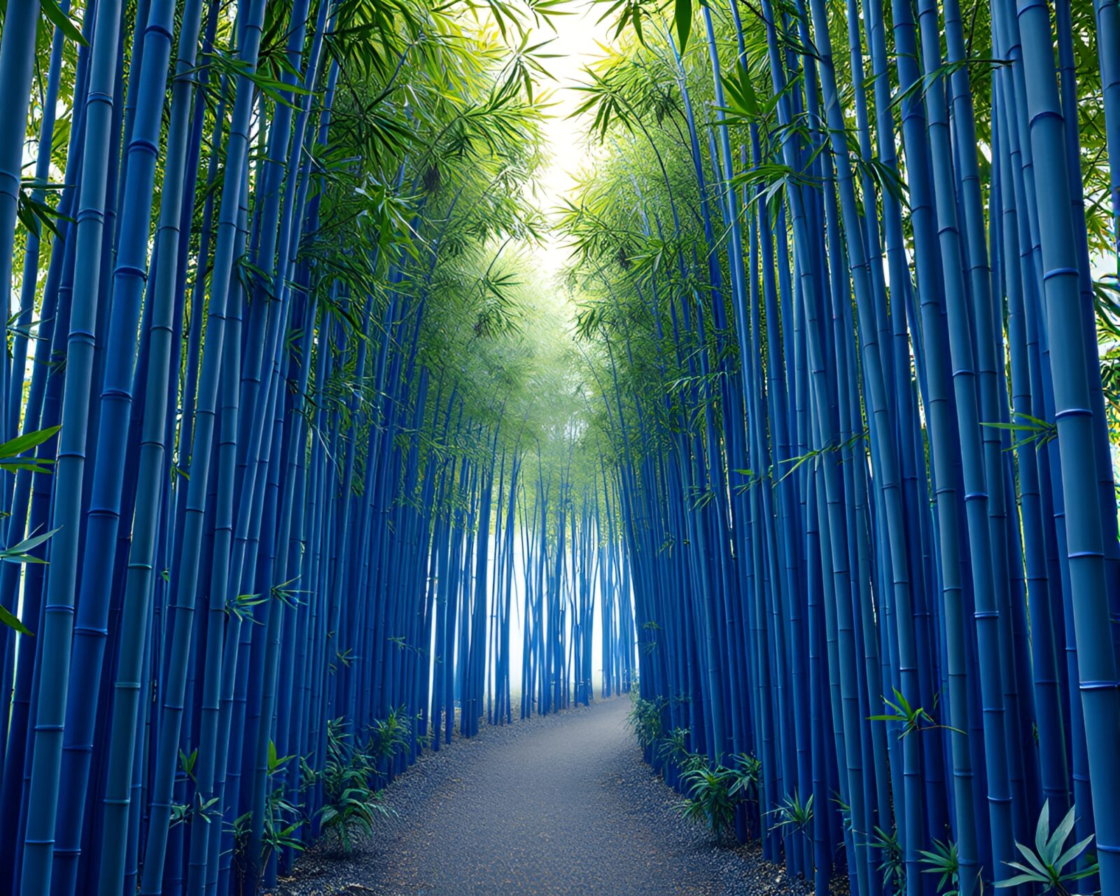 Low-poly 3D render of serene bamboo grove with cobalt blue accents