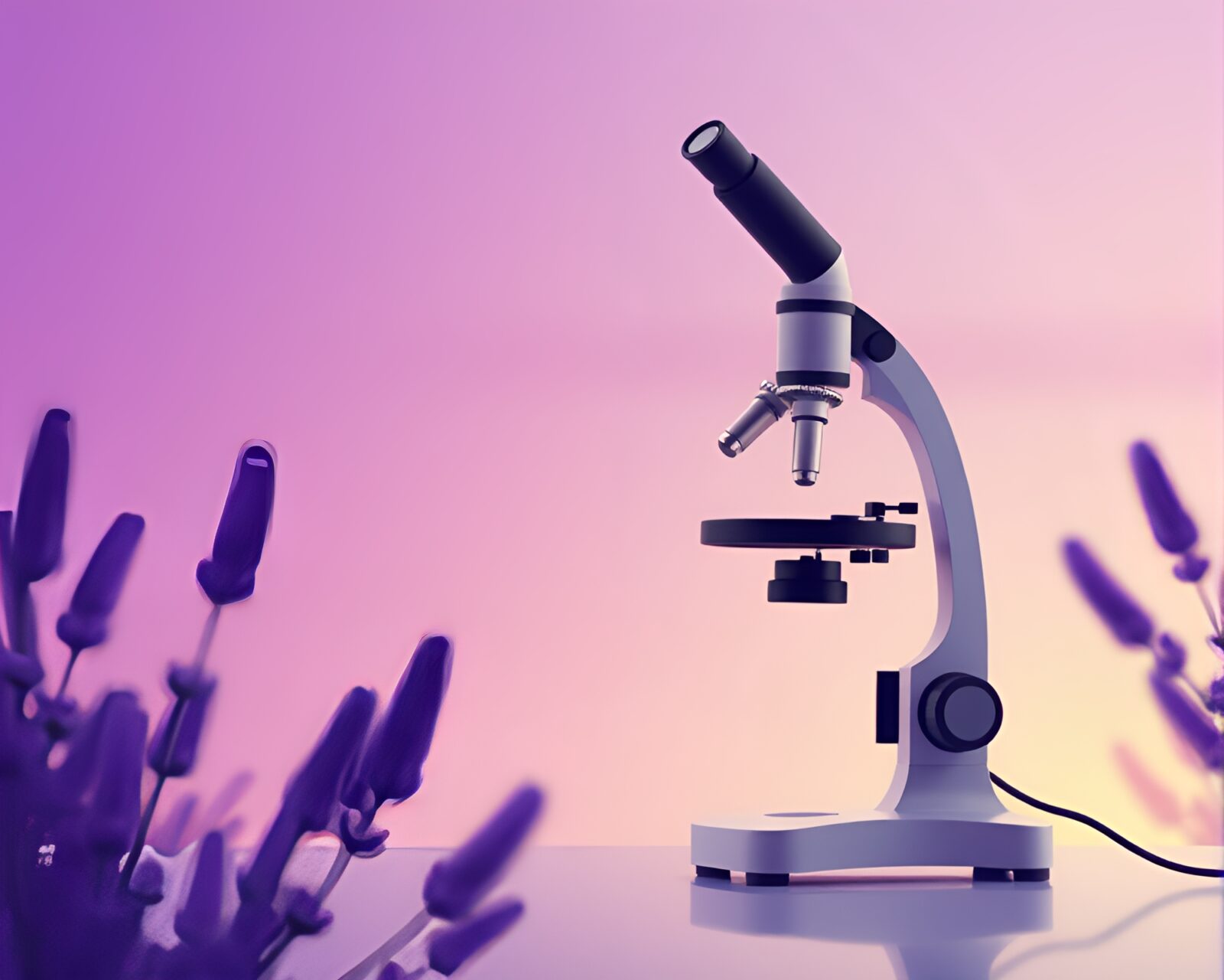 Dynamic angle view of microscope under lavender twilight sky