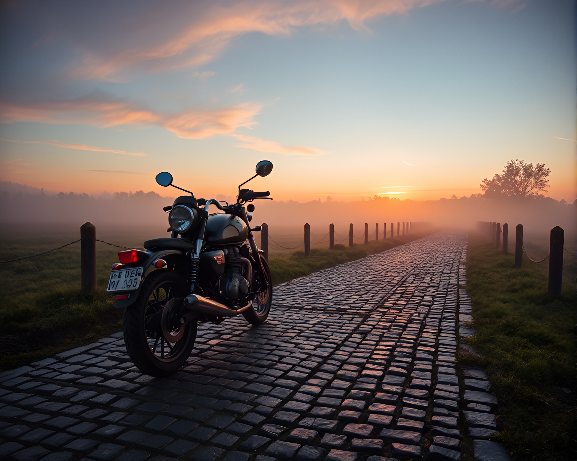 Dawn Mist Ride on Mosaic Cobblestone Path – free AI stock image
