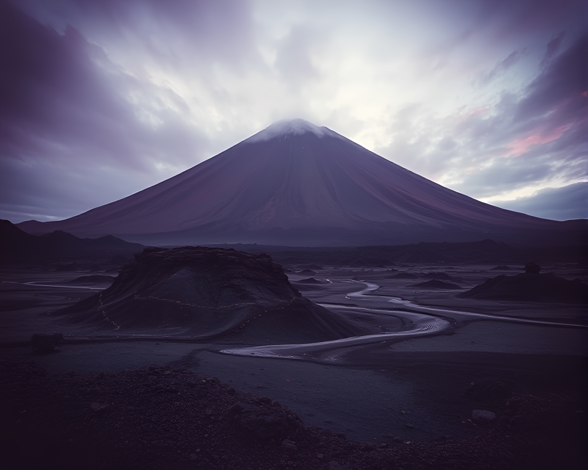 Synthwave cityscape with volcanic ash hues – free AI stock image