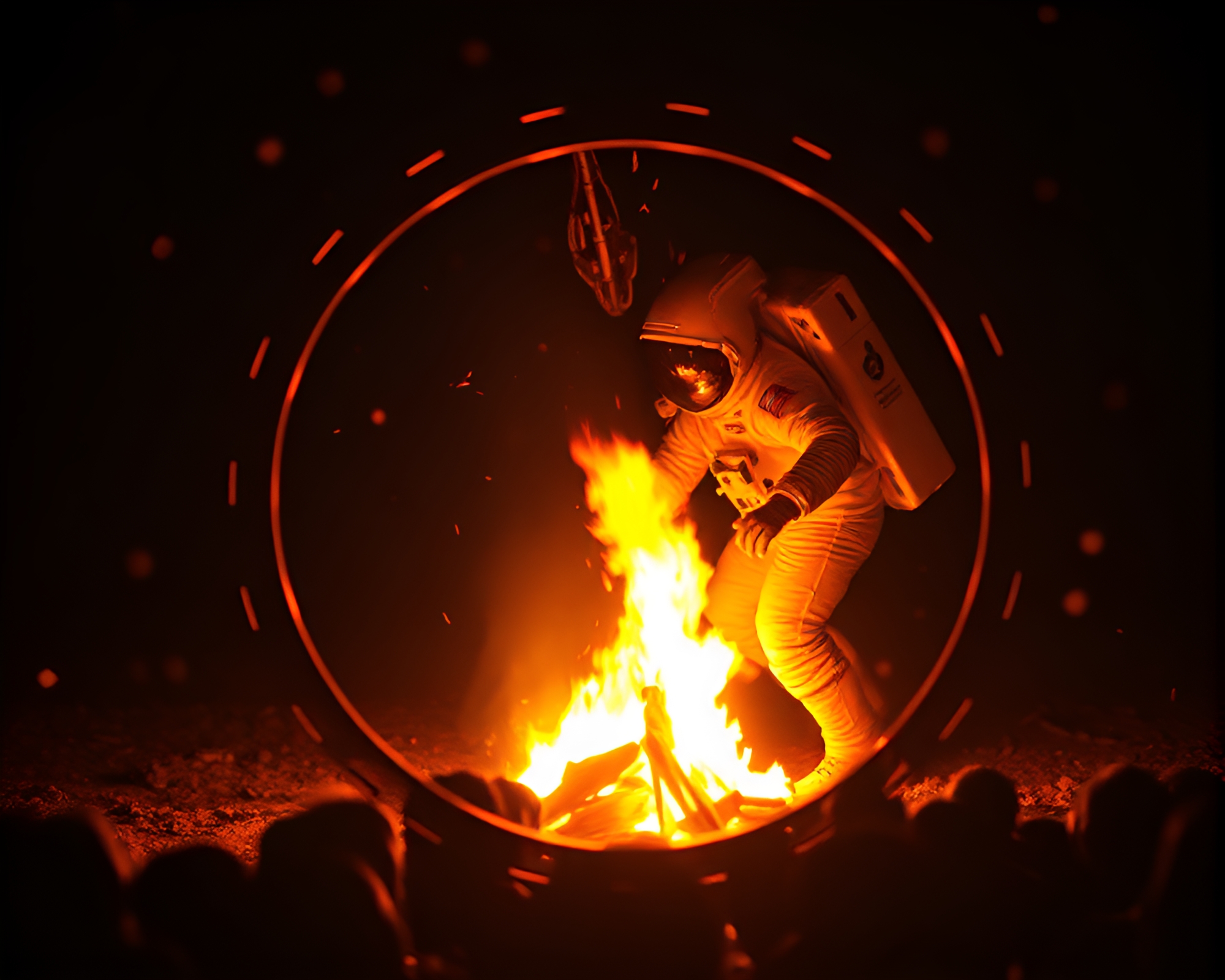 Astronaut gazing at bonfire through film sprocket holes – free AI stock image