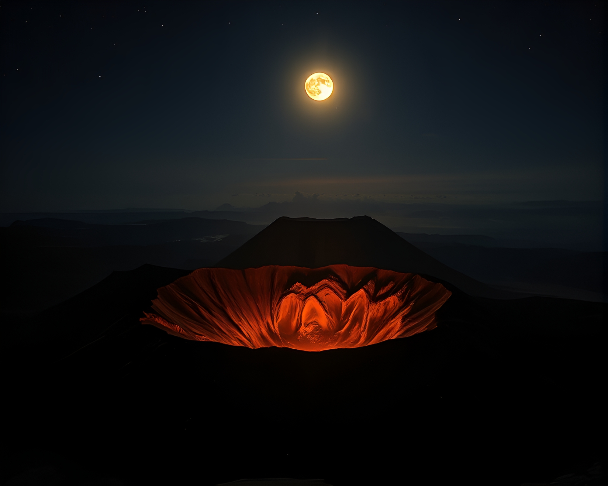 Moonlit Volcano Crater stippled under golden hour light – free AI stock image