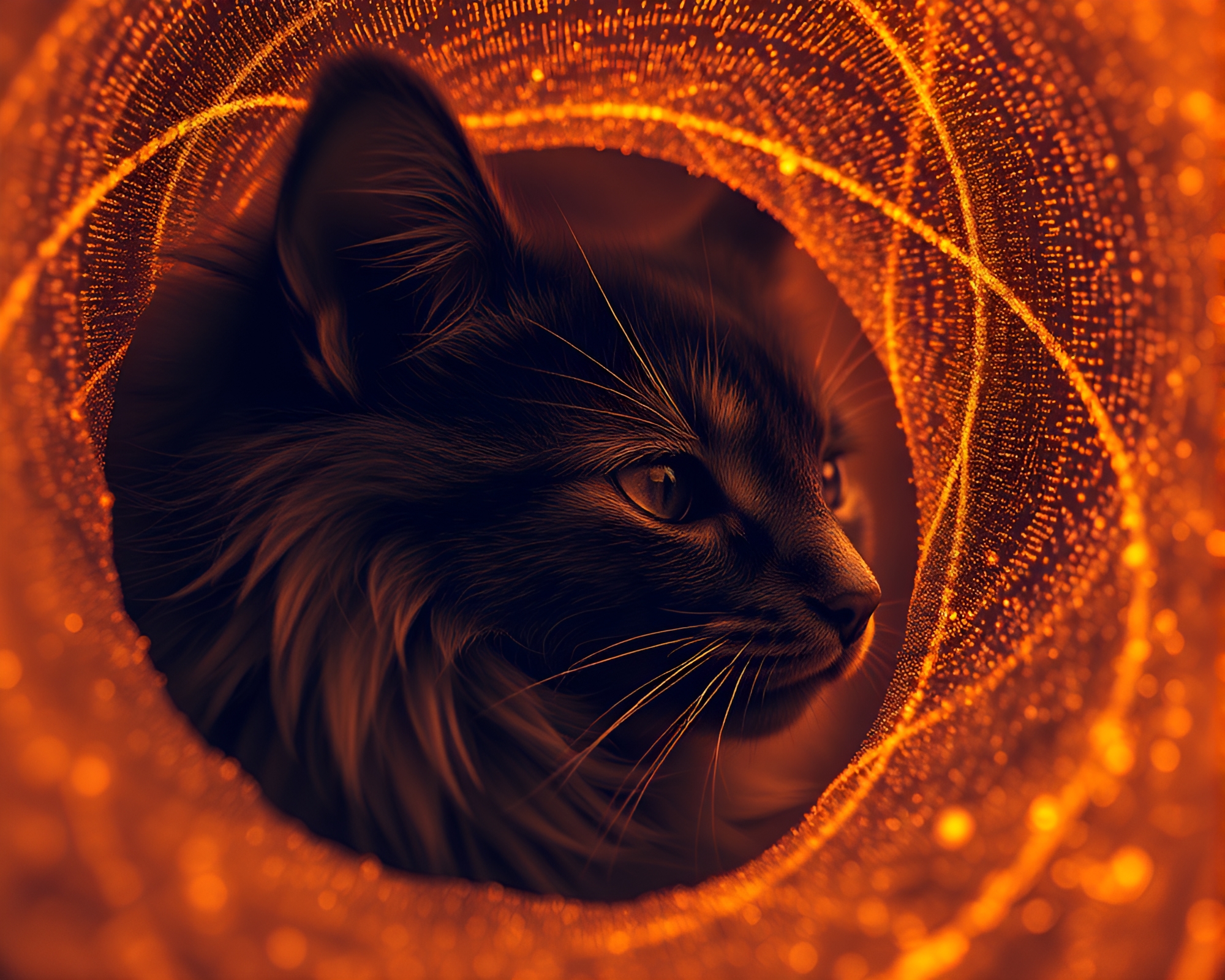 Glowing Holographic Pet in Golden Spiral Particle Simulation – free AI stock image