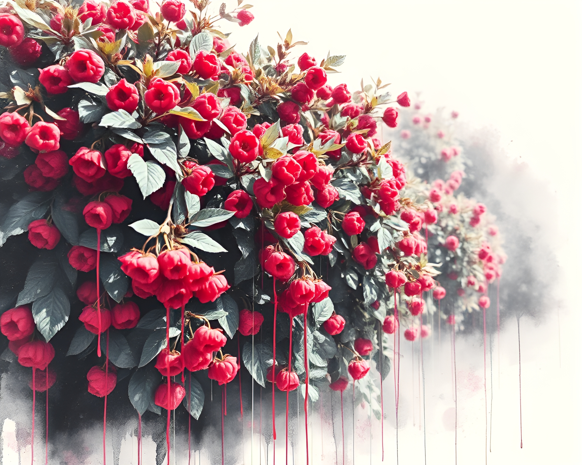 Raspberry Bush Ink Wash Drips Geometric Abstraction – free AI stock image