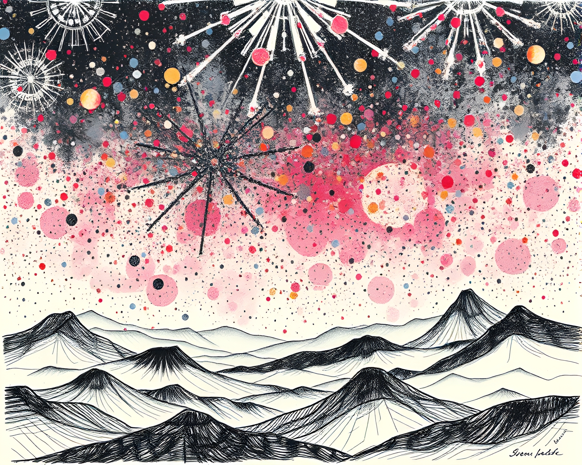 Siren’s Geometric Confetti Burst Landscape in Etching Style – free AI stock image