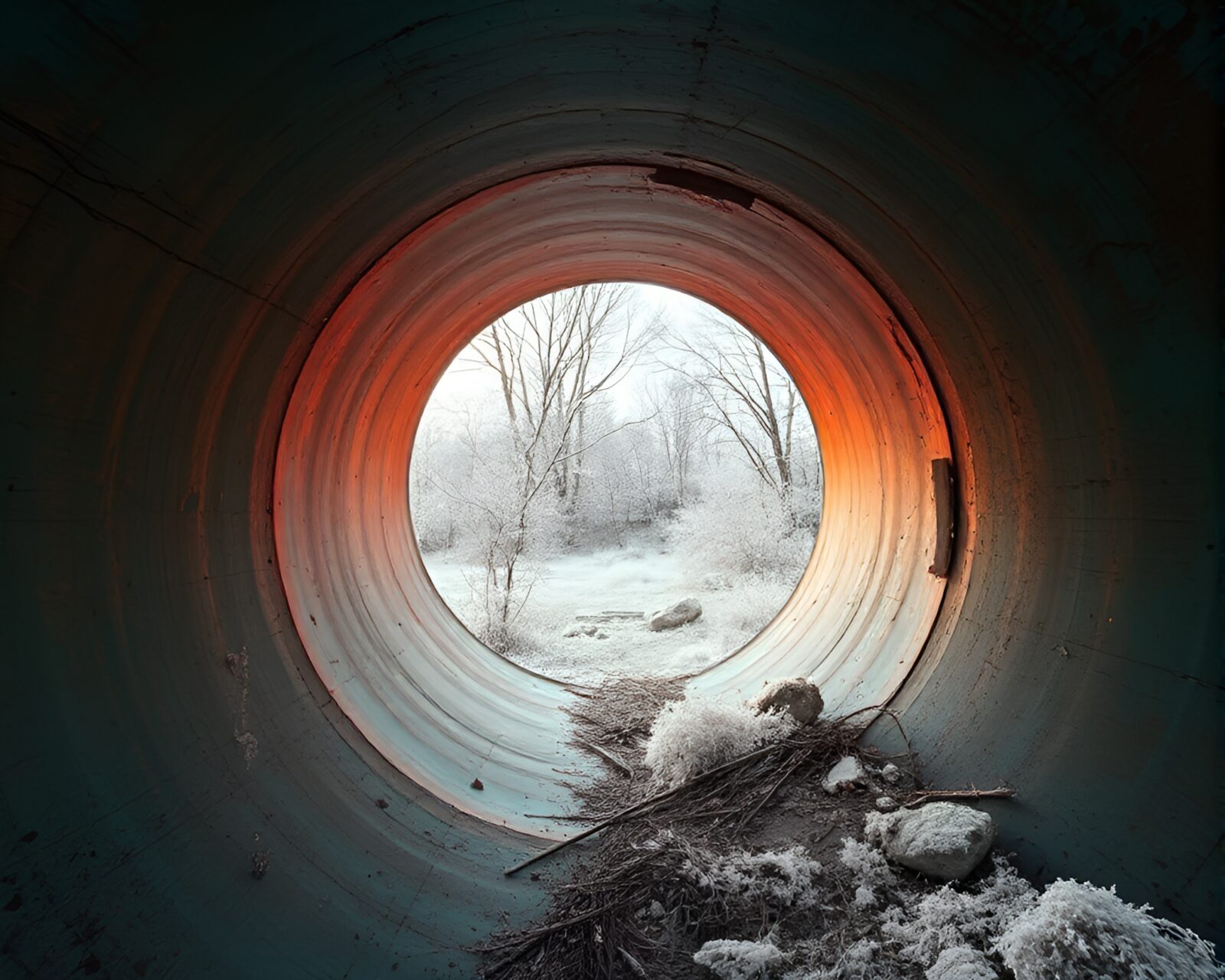 Infrared photo of a wormhole generator in a copper verdigris landscape
