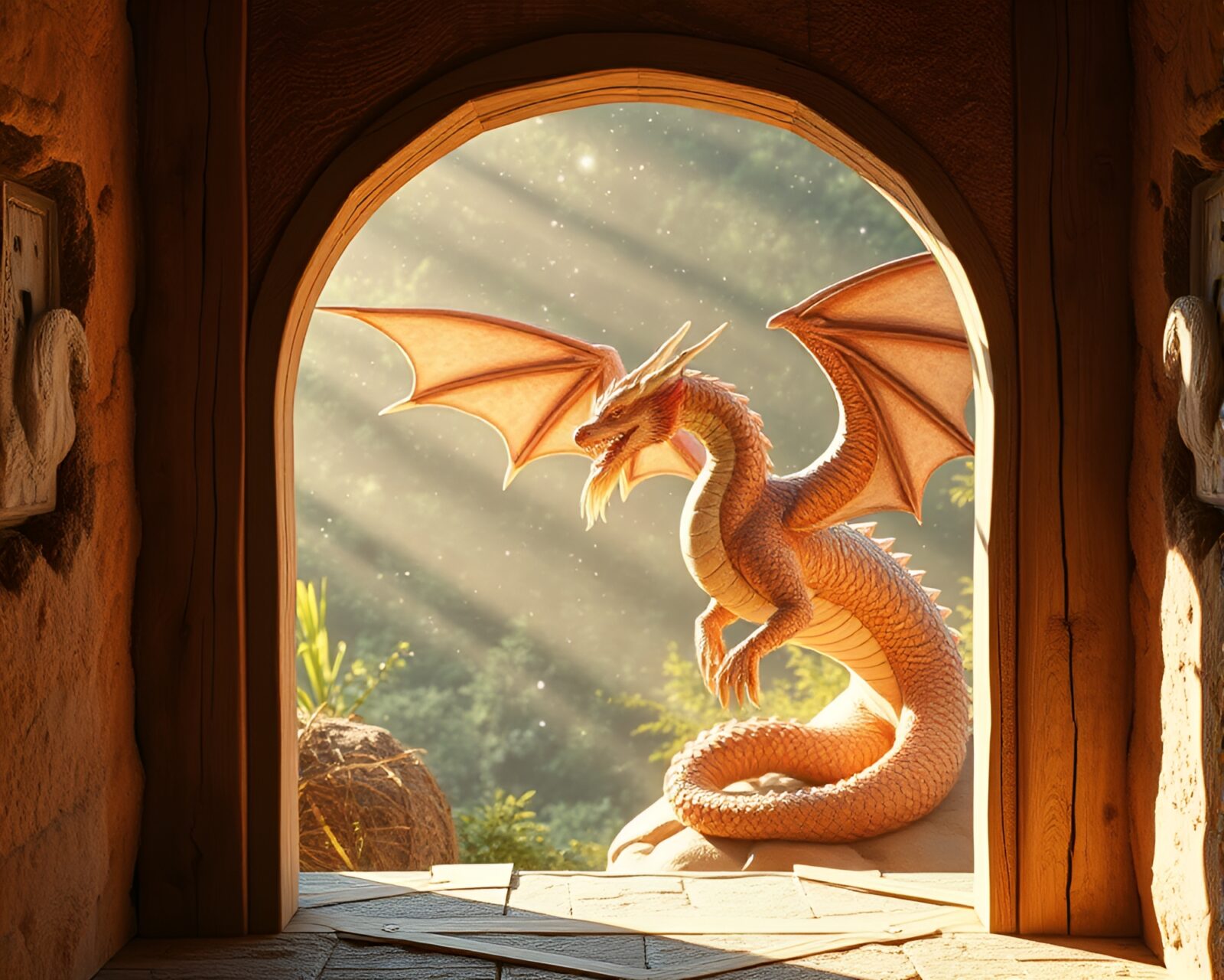 A majestic dragon bathed in warm porchlight glow