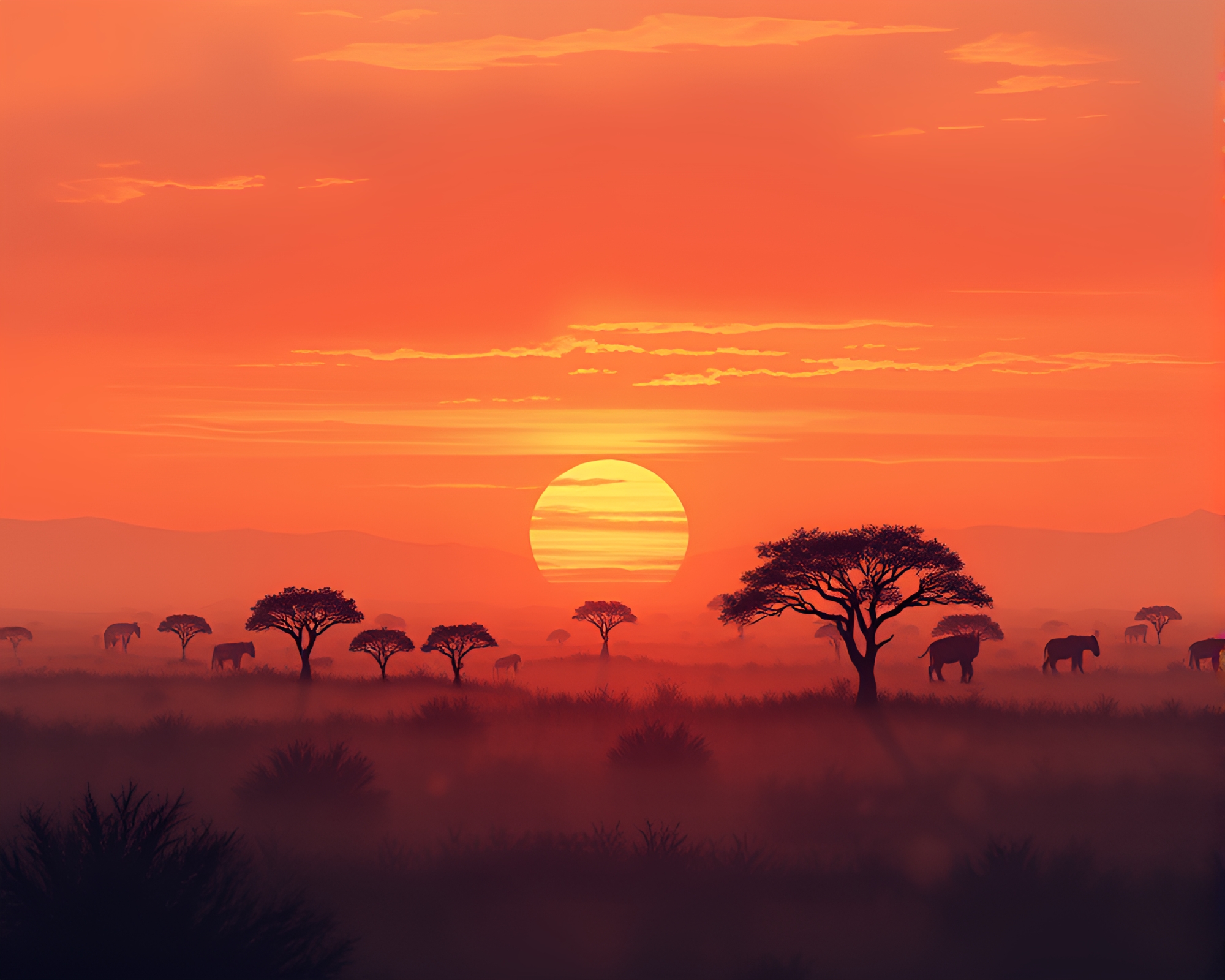 Savanna Sunset: Digital Twilight Sumi-e Beauty – free AI stock image