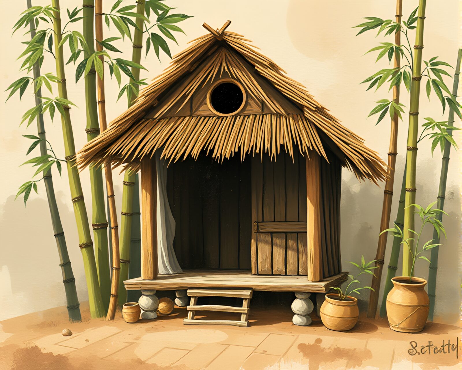 Acrylic spatters style cartoon bamboo hut in earth tones