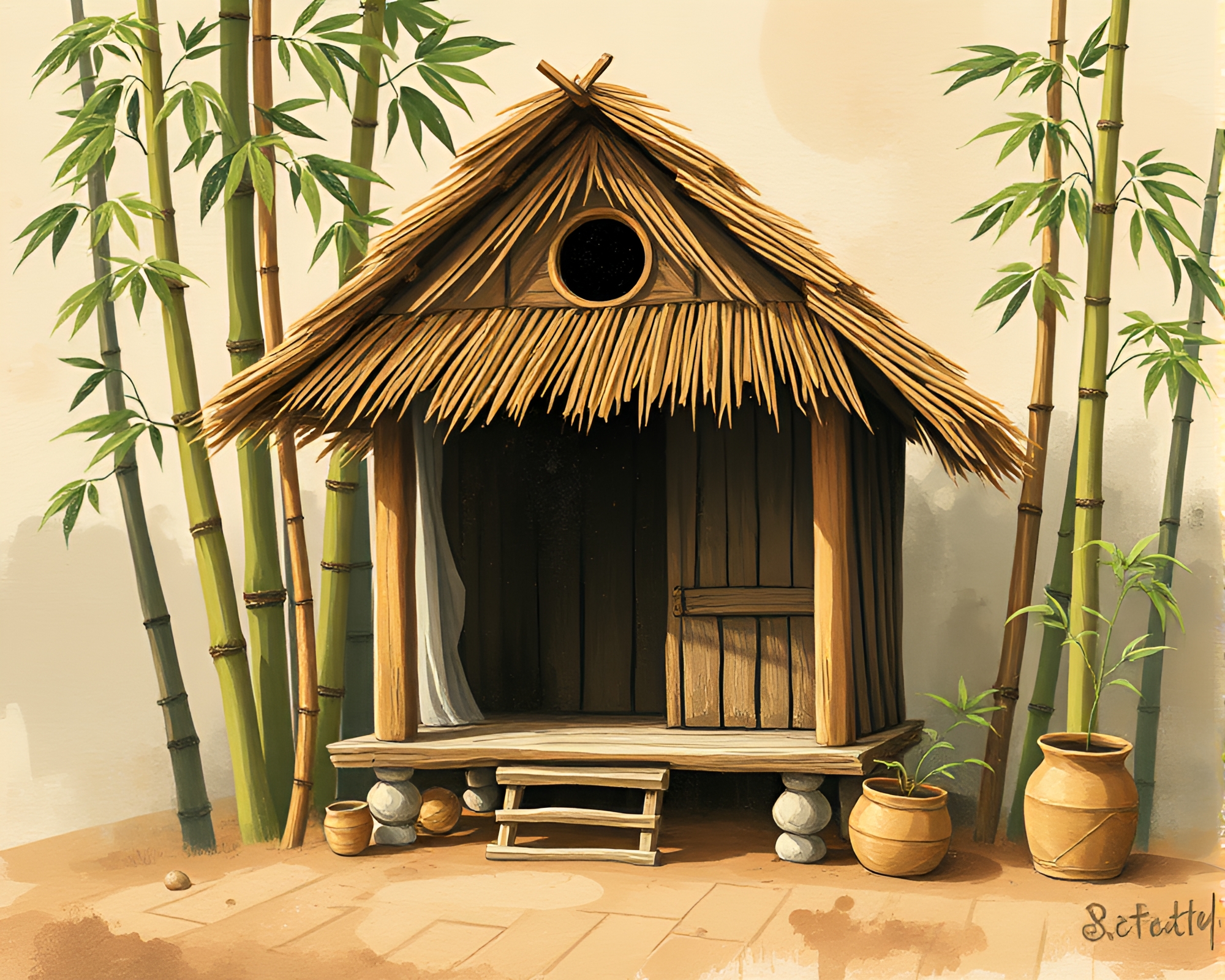 Cartoon Bamboo Hut in Muted Earth Tones – free AI stock image
