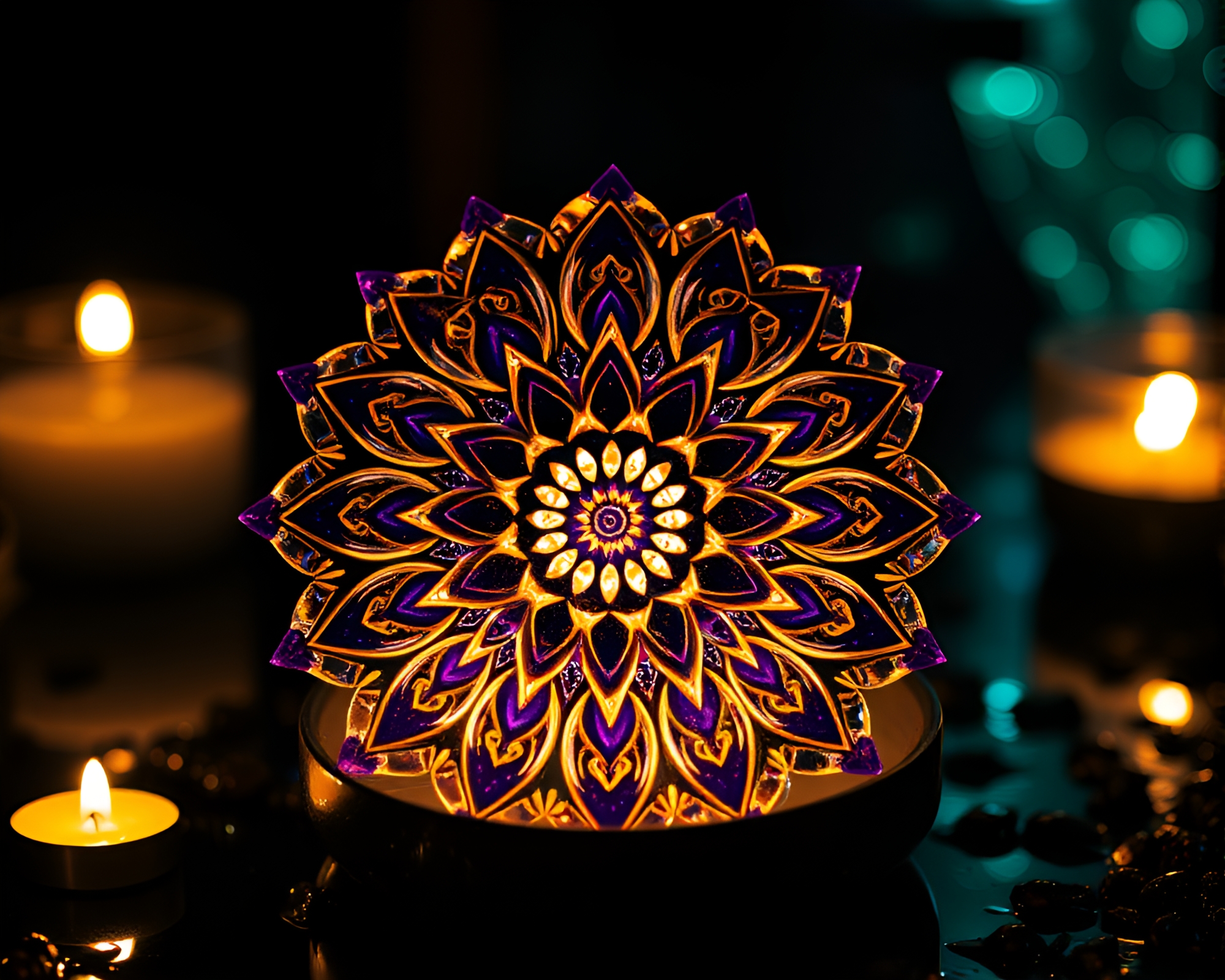 Candlelit Mandala: Phosphorescent Beads on Wet Glass – free AI stock image