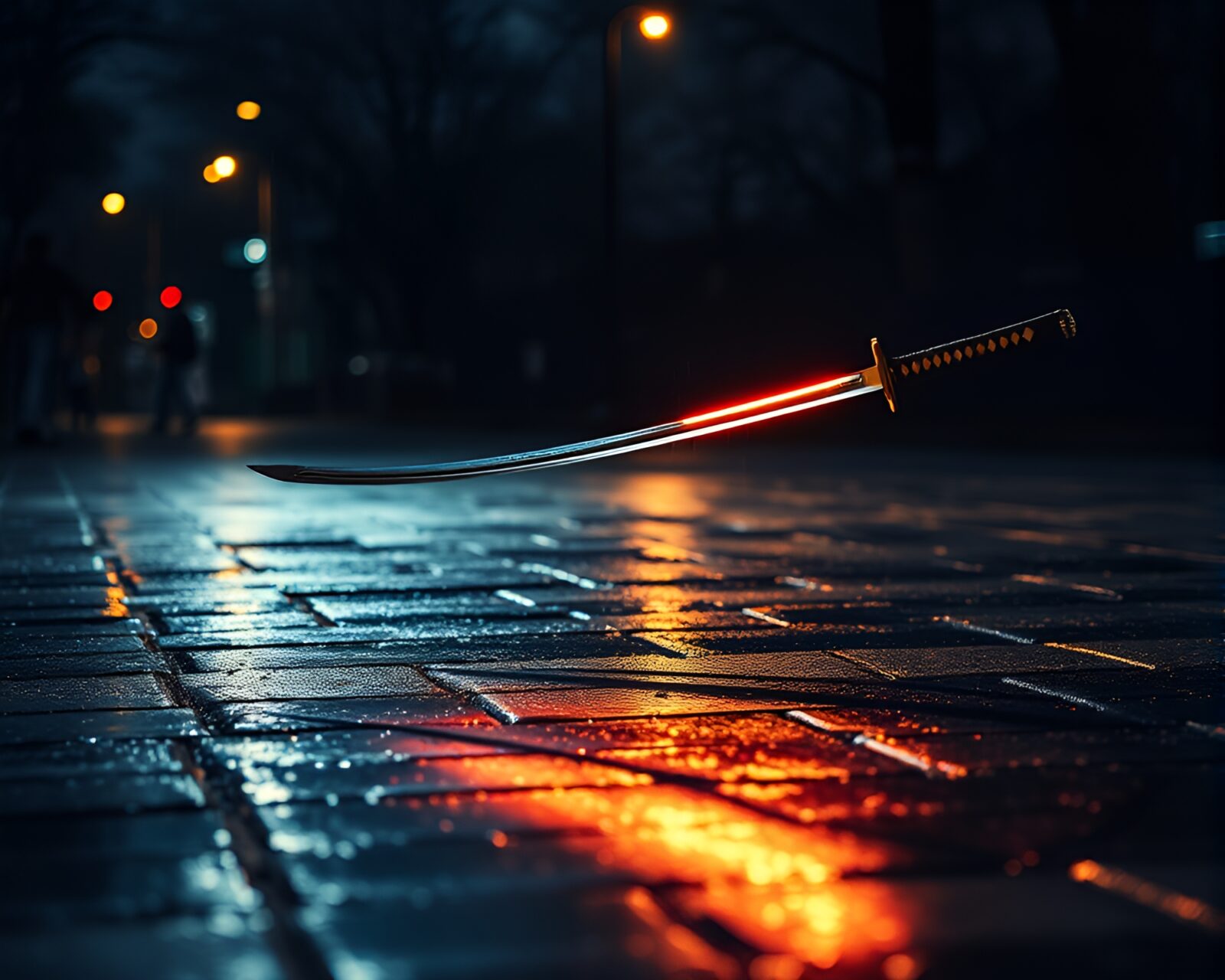 Gleaming samurai sword on wet pavement under city lights