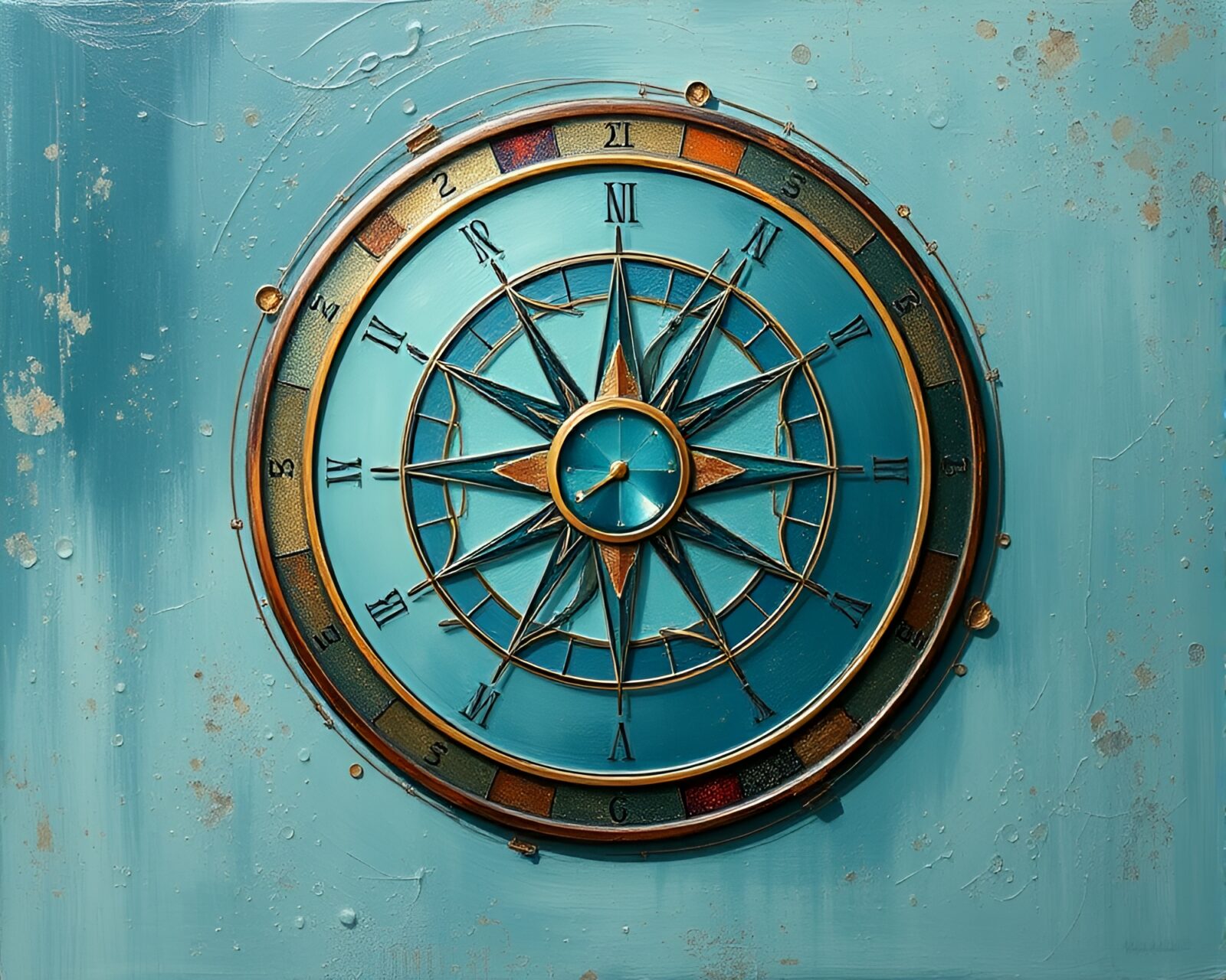 Teal-toned encaustic painting of pocket sundial with digital noise