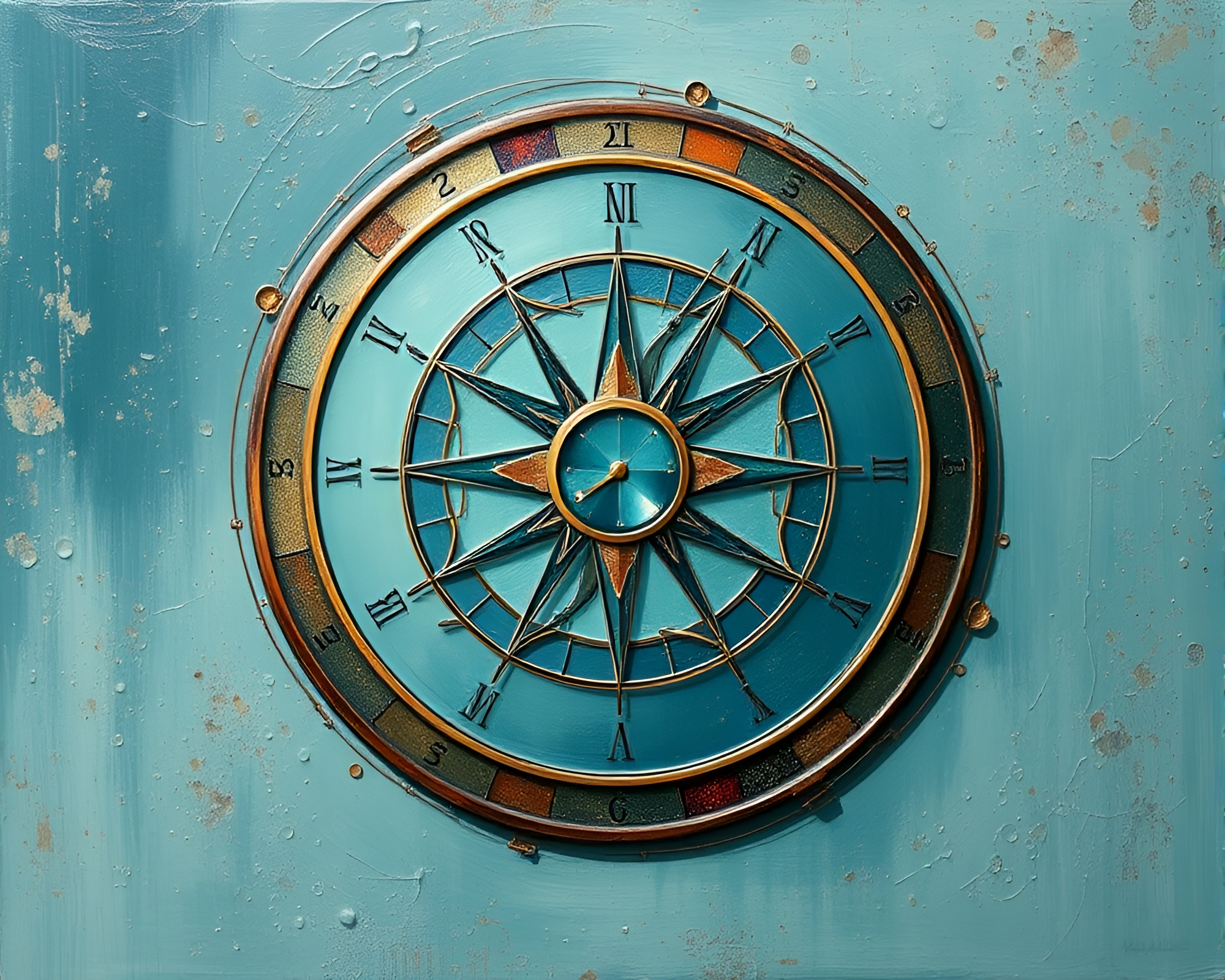 Teal Serenity: Encaustic Pocket Sundial Art – free AI stock image