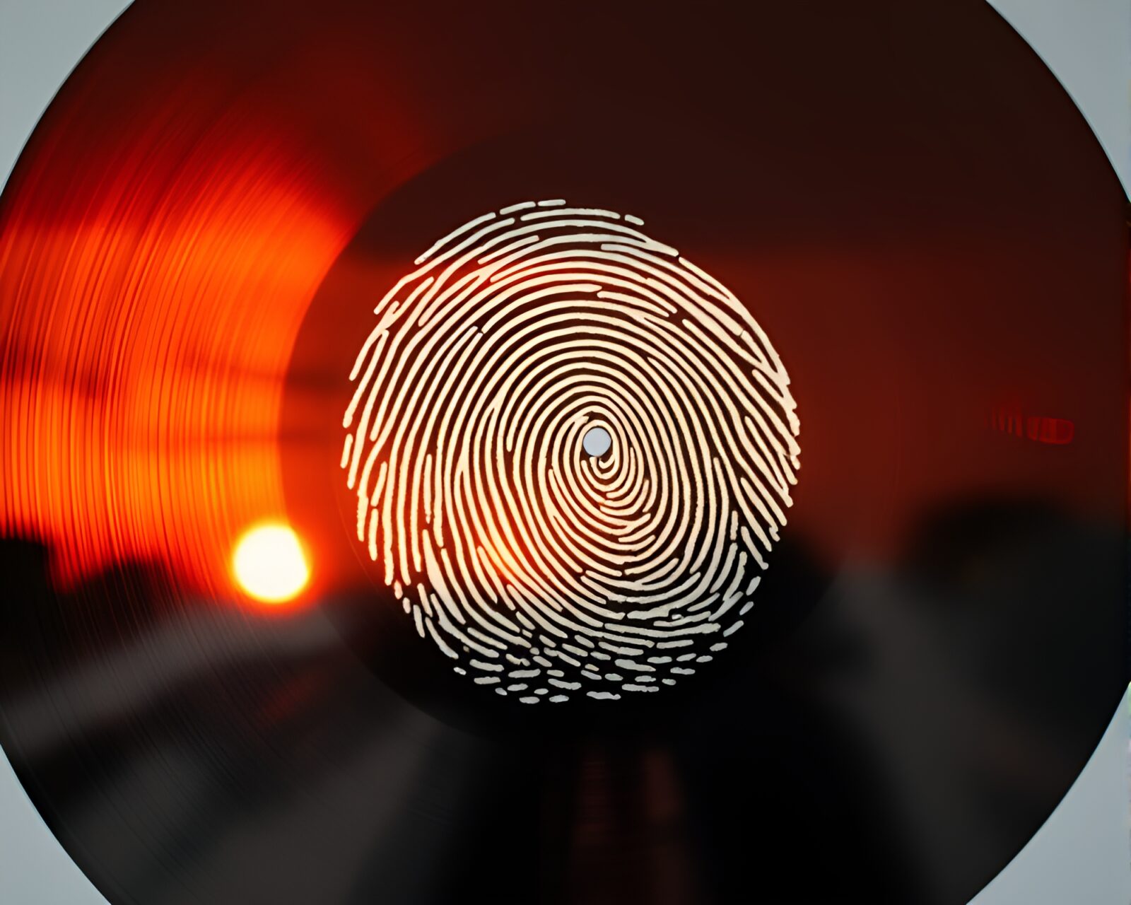 Warm sunset swirls on a vinyl record with fingerprint pattern