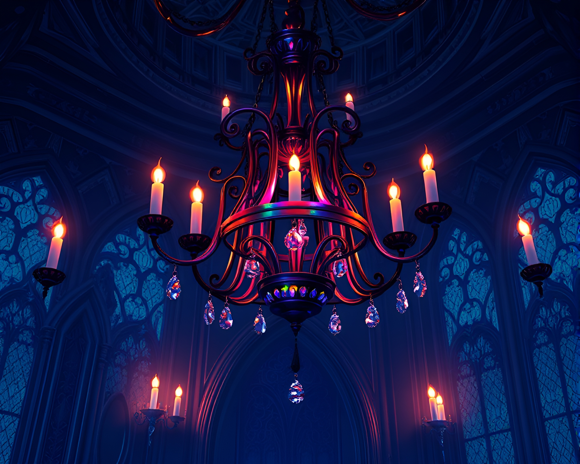 Gothic Chandelier Shimmers in Oil Slick Rainbow Glow – free AI stock image