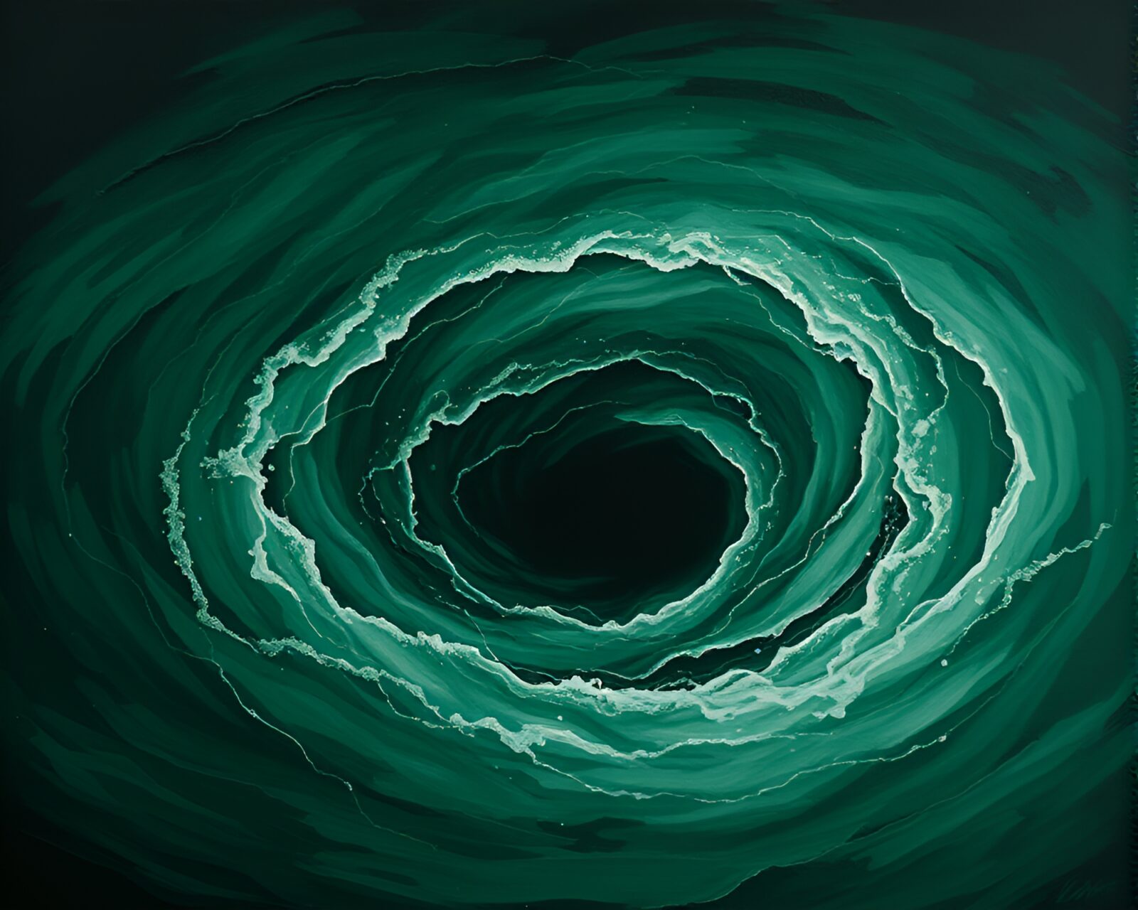 Surreal oil on canvas of dreamy monochrome green whirlpool
