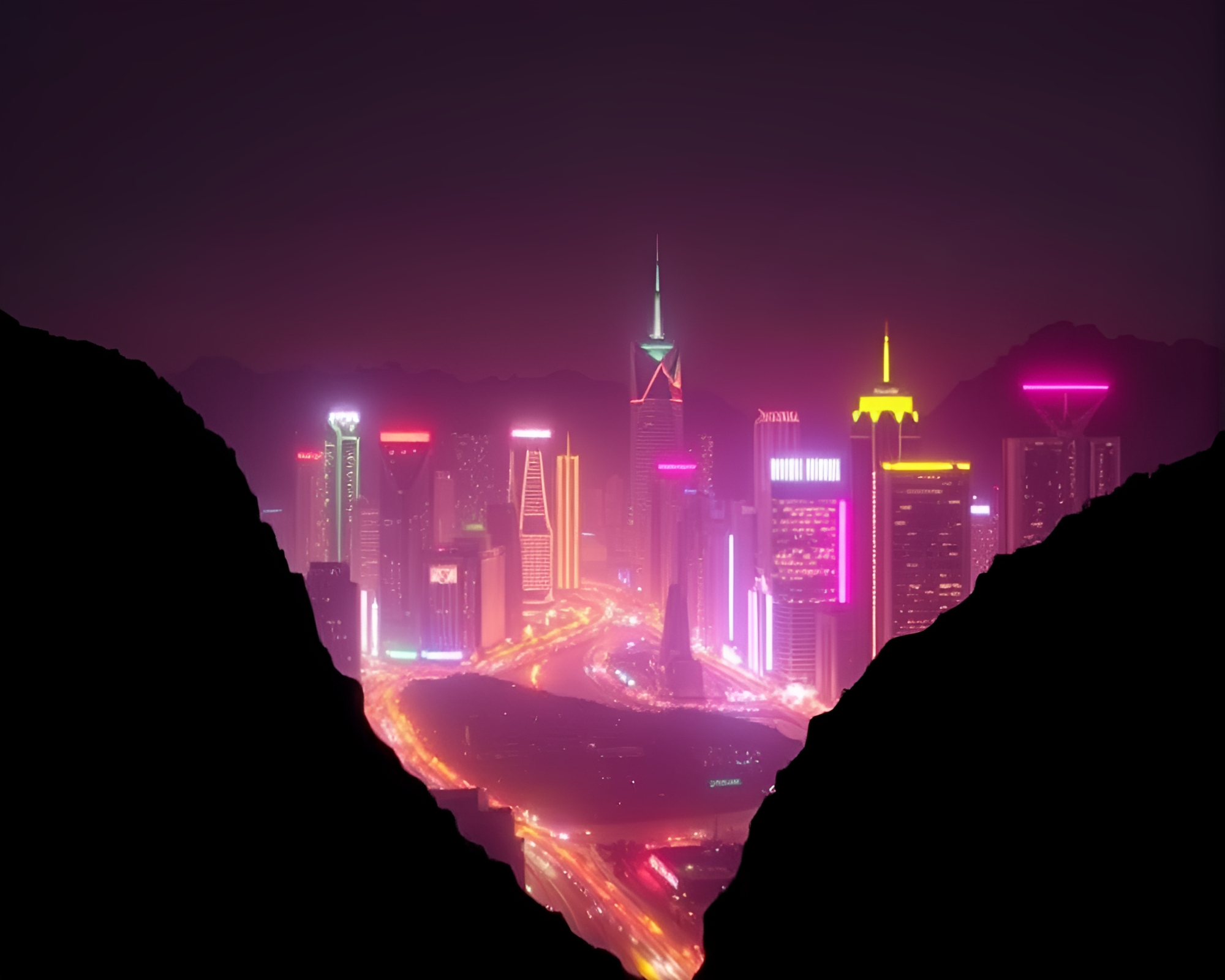 Neon City Shadows: Plateau Stereograph – free AI stock image