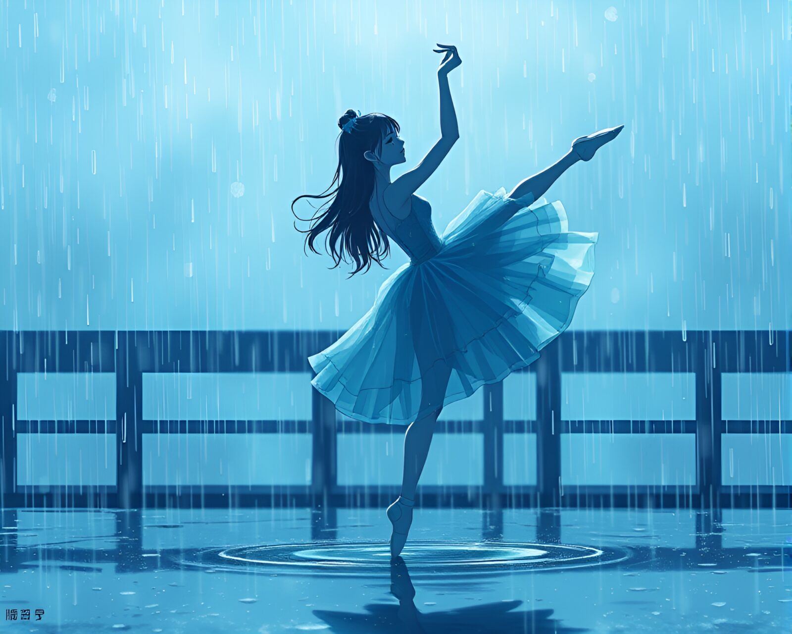 Anime style ballet dancer amidst arctic blue rain droplets