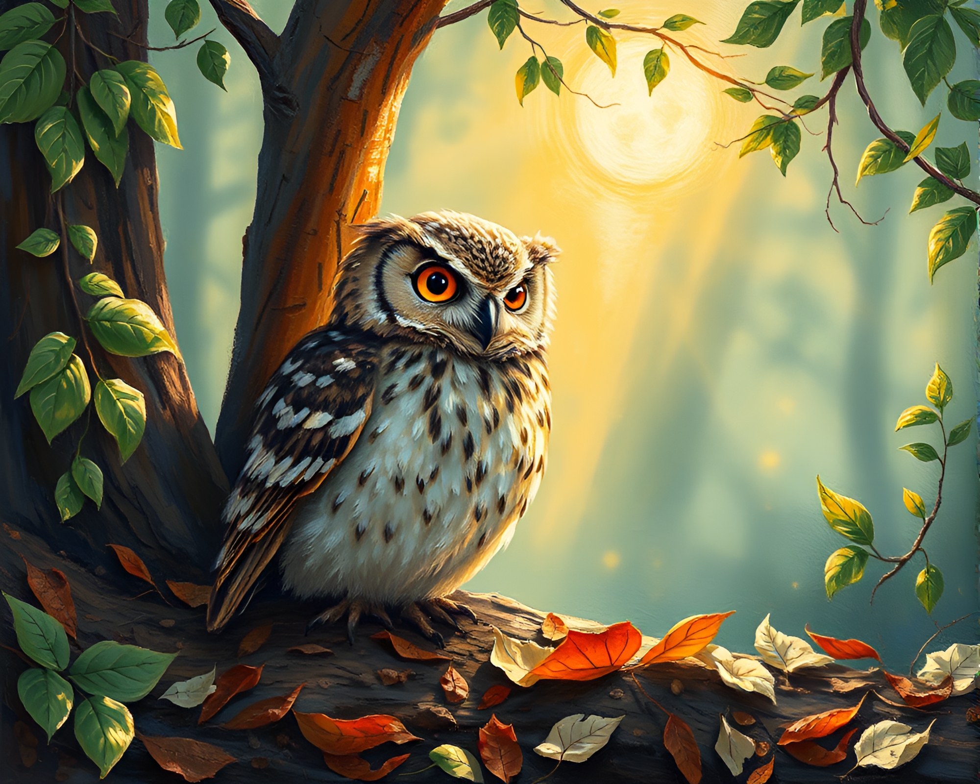 Clockwork Owl Amidst Sunbeam Rays and Leaf Litter – free AI stock image