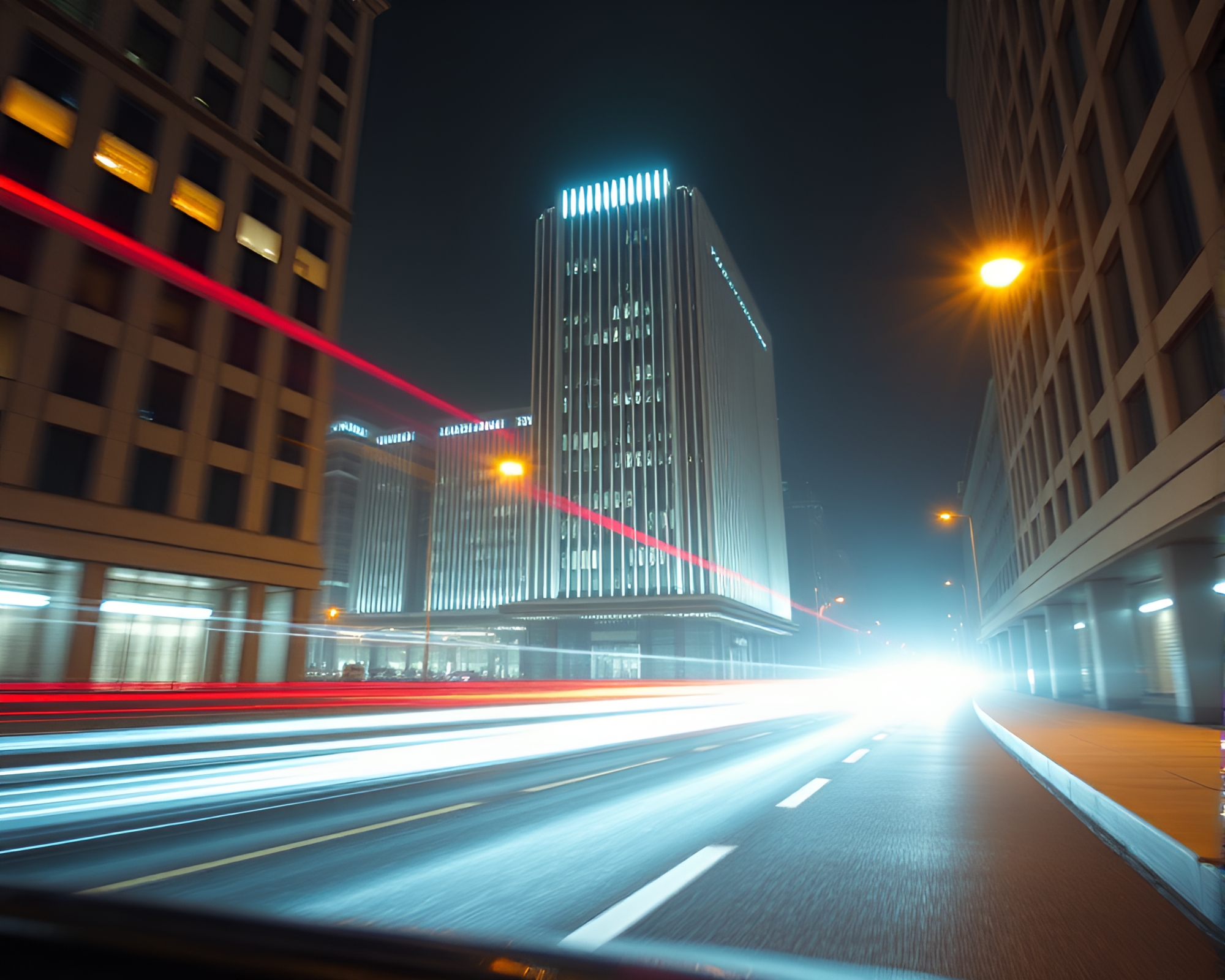 Urban Twilight: Car Light Trails at Brutalist Building – free AI stock image