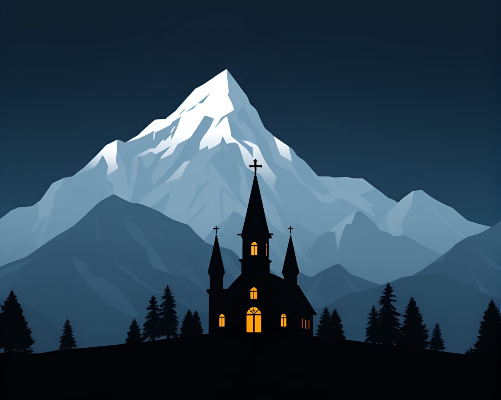 Dark silhouette of glacier with candlelight illuminating church