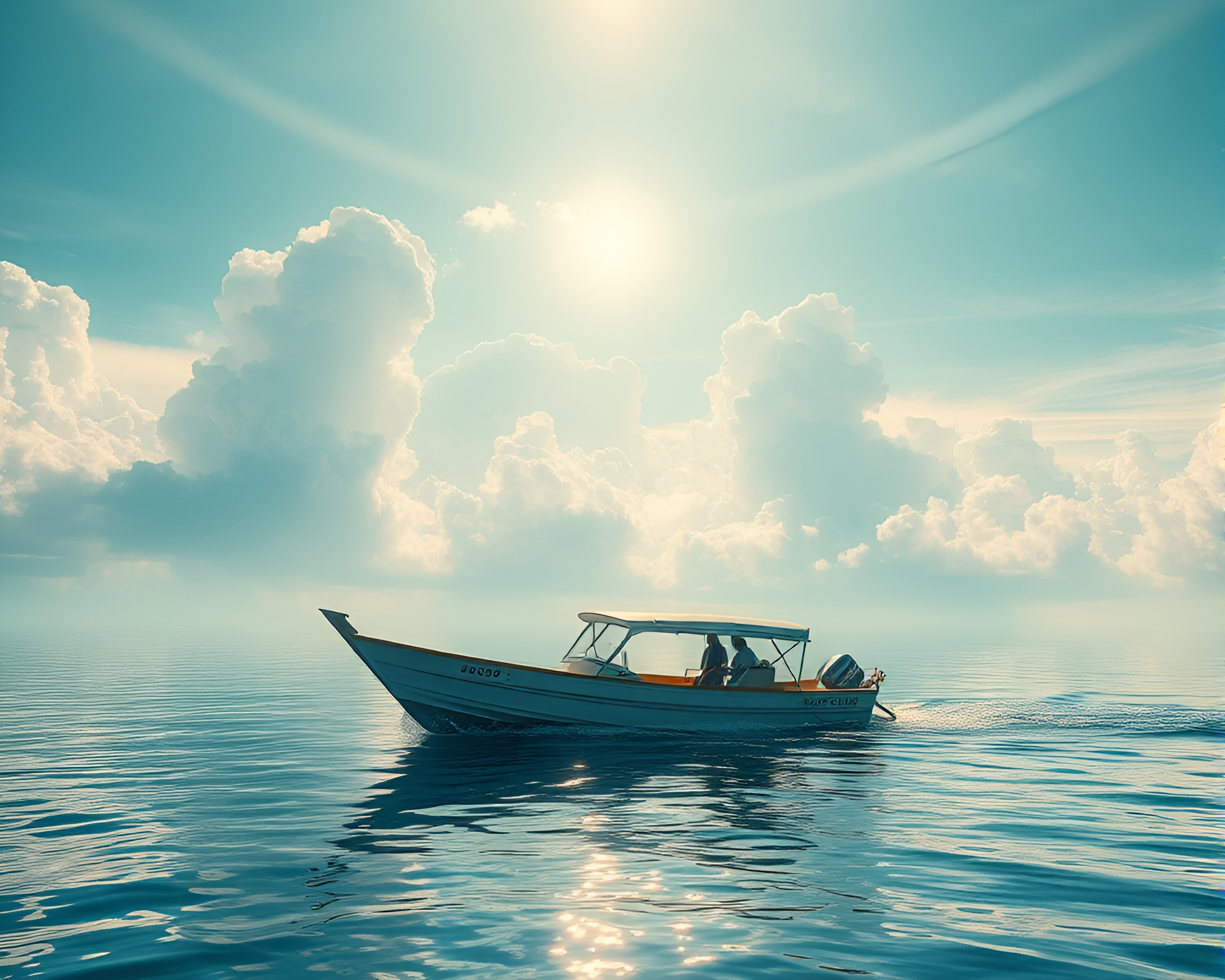 Hydrofoil Boat Gliding under Topaz Cloud Formations – free AI stock image