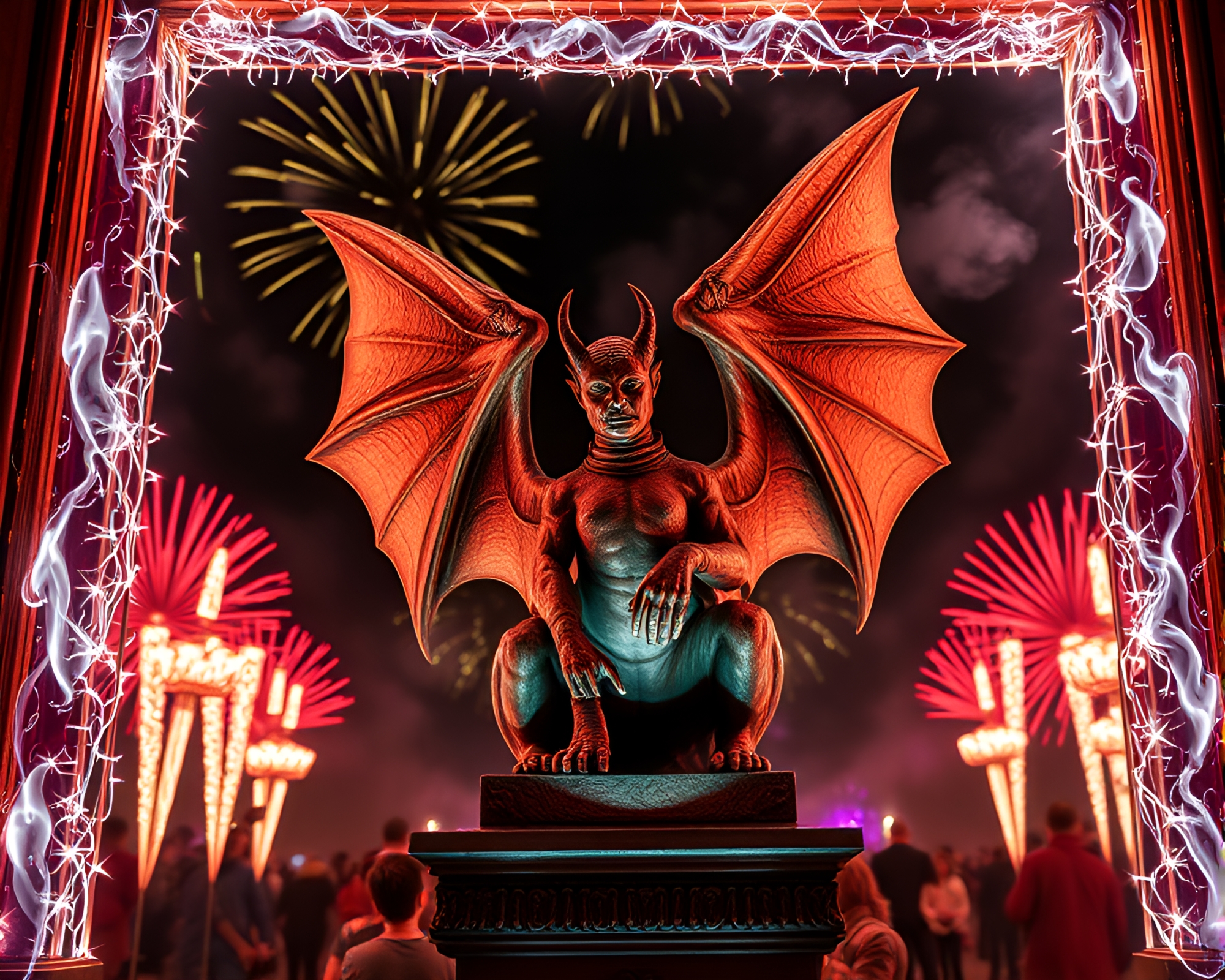 Gargoyle Statue Framed by Festival Fireworks Glow – free AI stock image